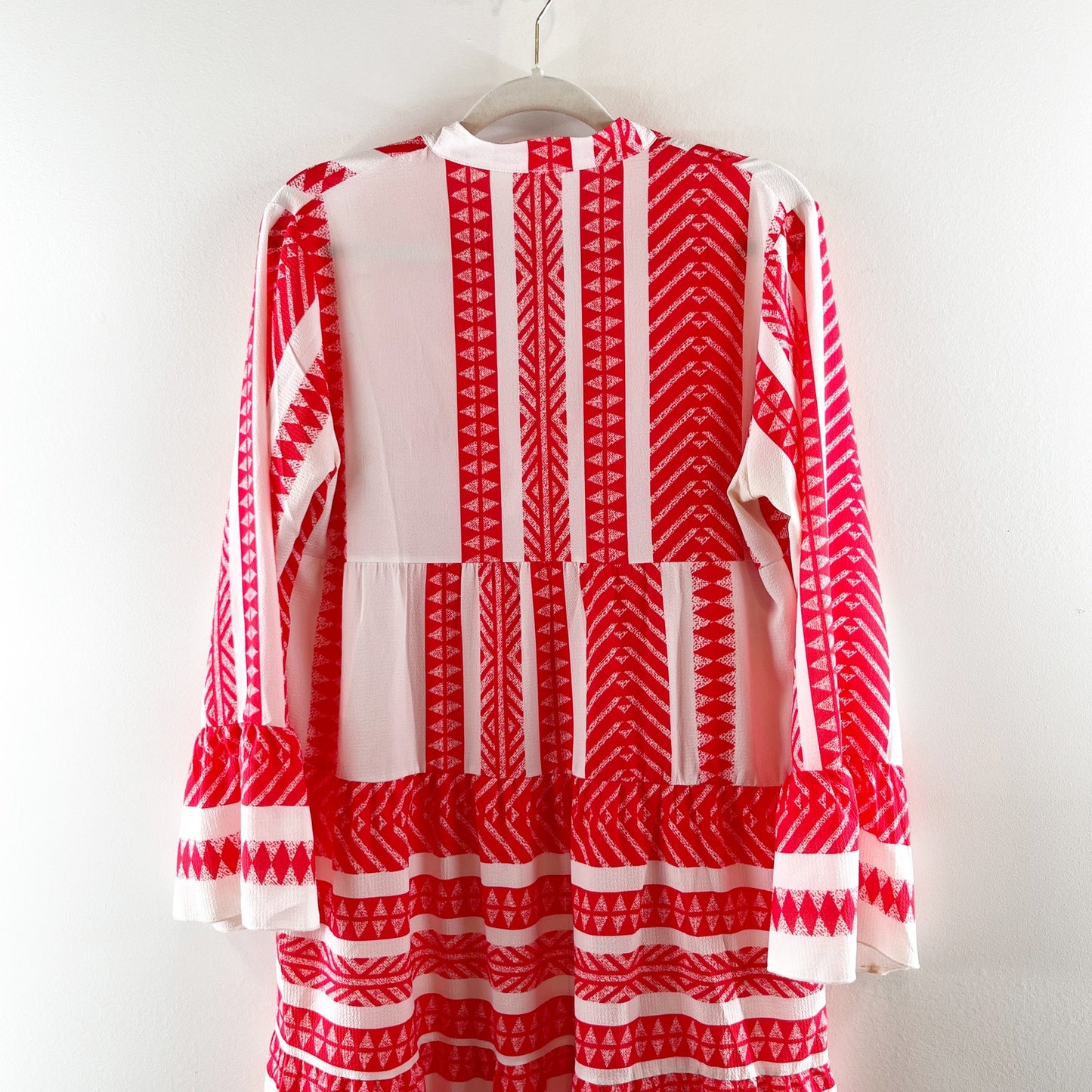 Silk & Salt V Neck Aztec Long Sleeve Midi Dress Red White Medium