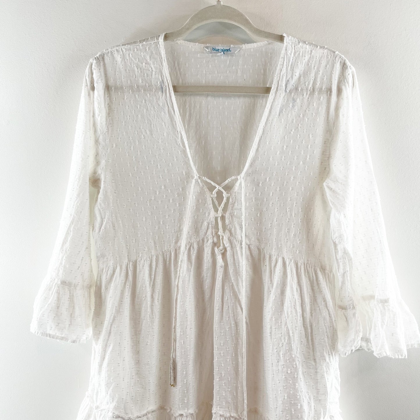 Blue Island Cotton 3/4 Sleeve Ruffle Hem Swim Cover Up White Small
