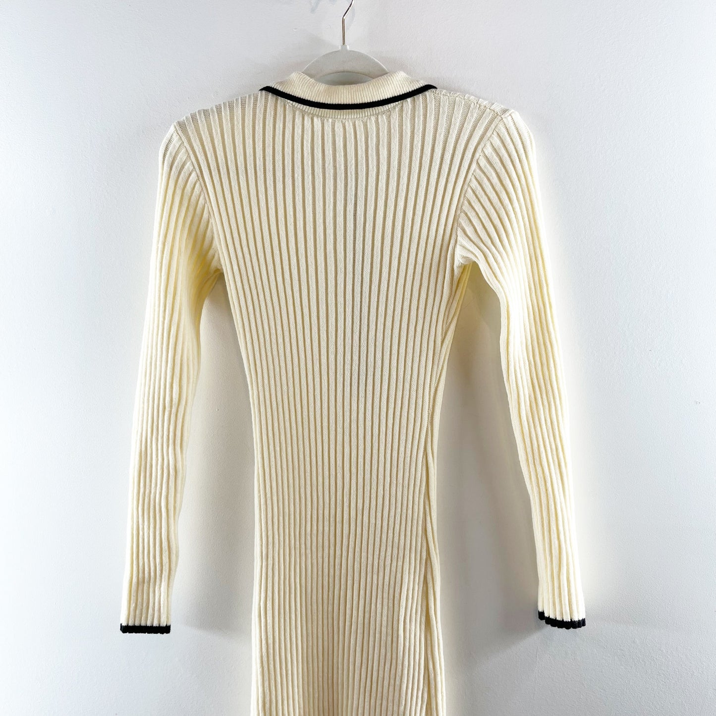 Commense Long Sleeve Collared Ribbed Bodycon Maxi Sweater Dress Cream XS