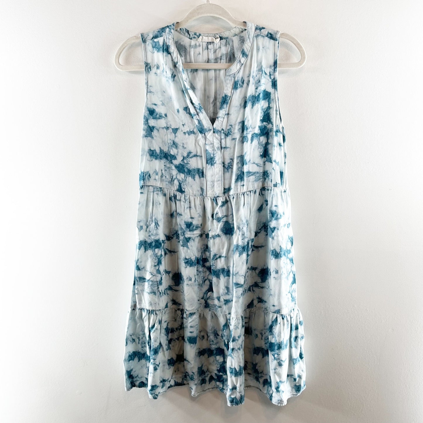 Carve Designs Button Front Babydoll Tunic Tie Dye Mini Dress White Blue Small