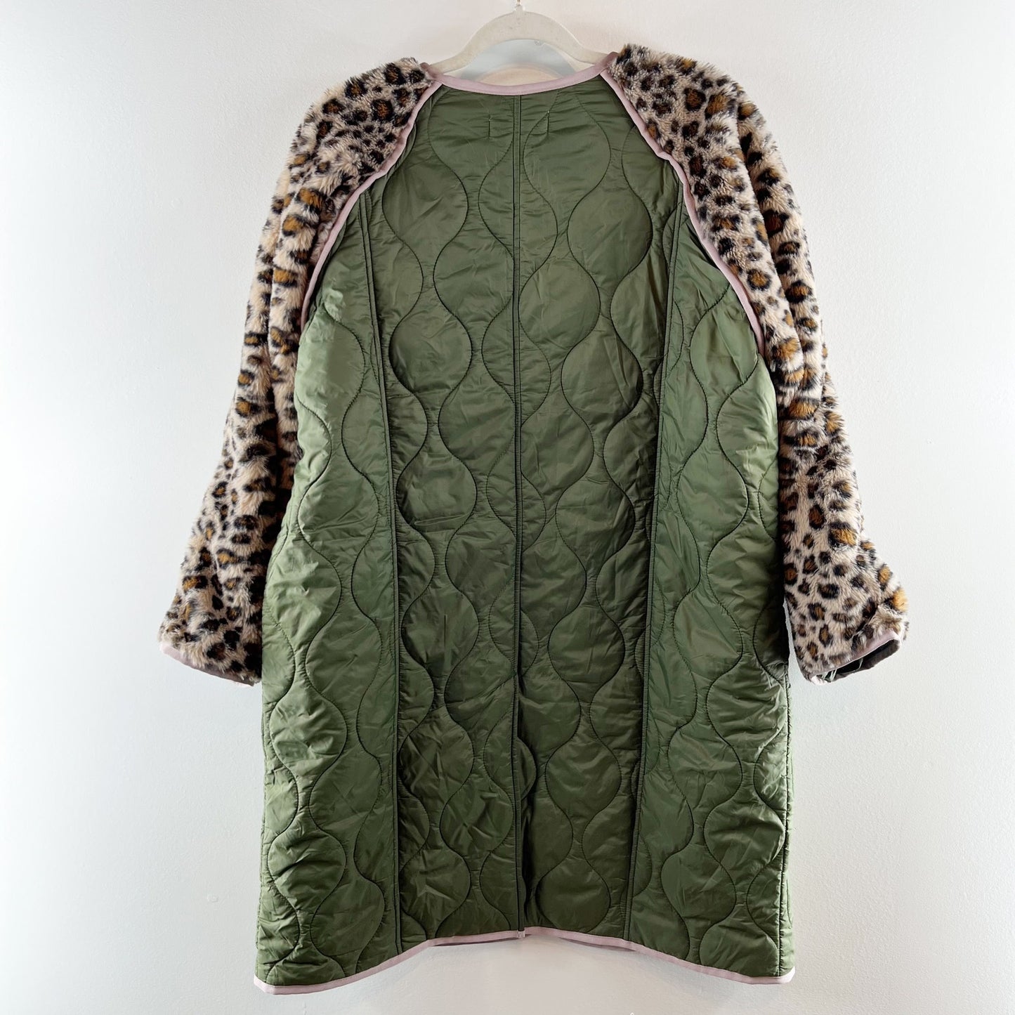 Anthropologie Colorblock Long Liner Quilted Button Up Coat Jacket Leopard Green