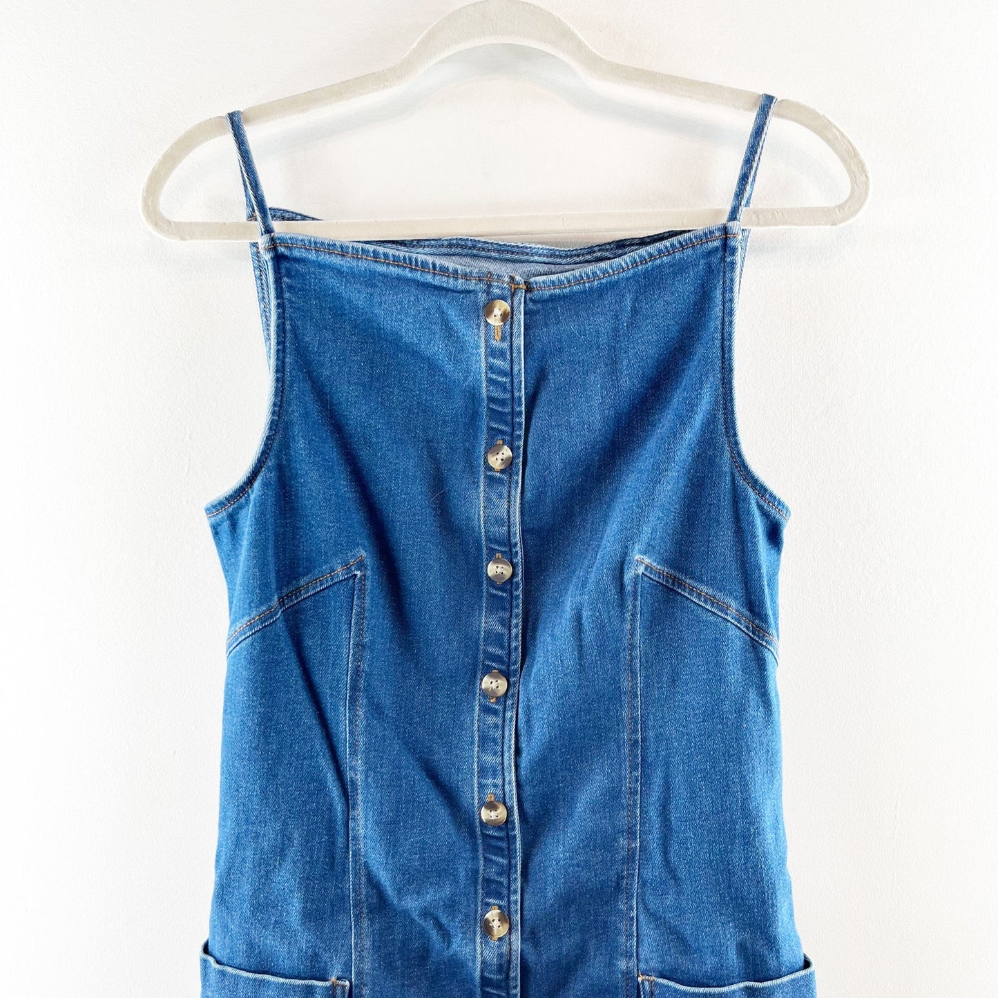 Maeve Anthropologie High Square-Neck Button-Front Denim Mini Dress Blue Medium