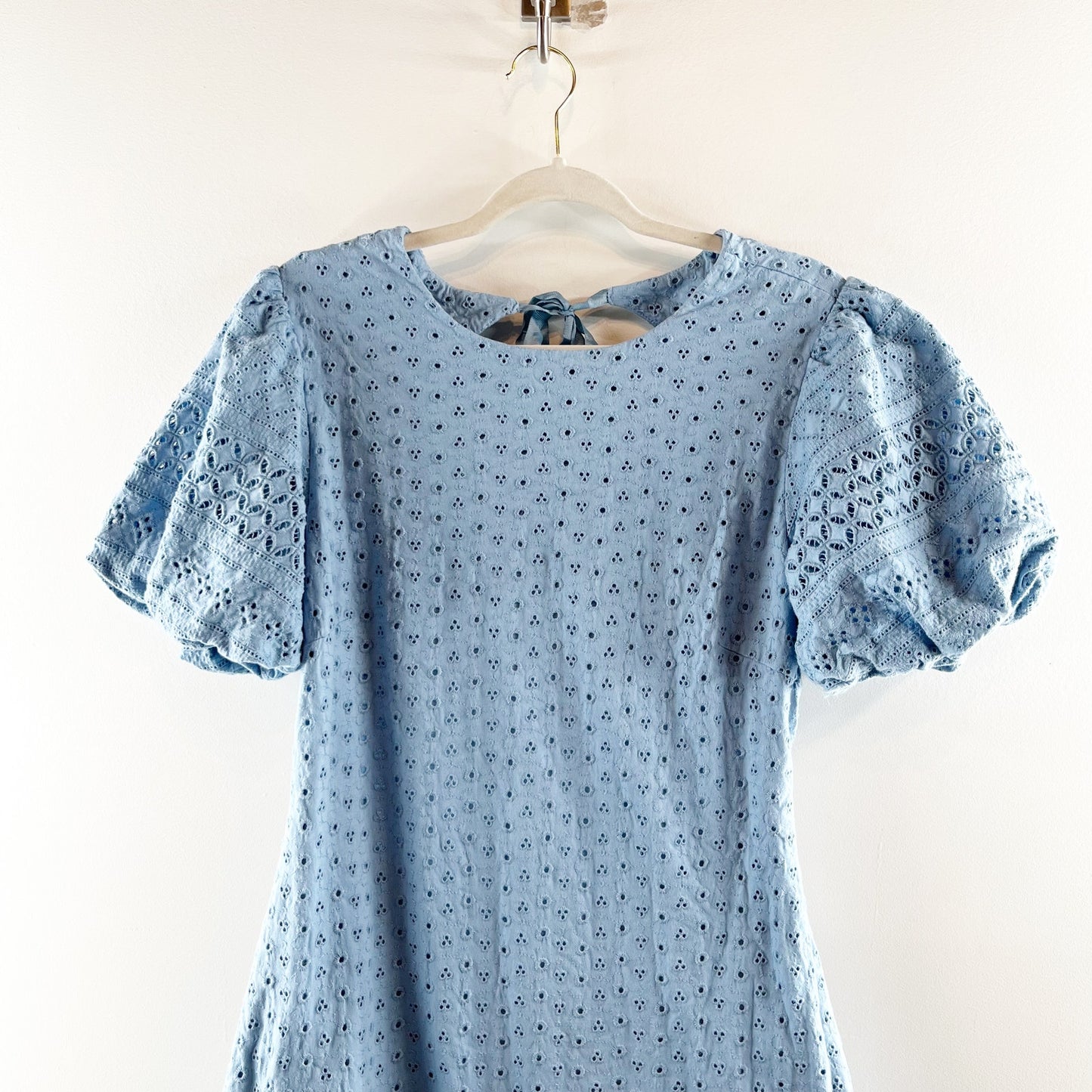 Free People Apricot Rose Puff Short Sleeve Eyelet Lace Mini Dress Blue Large