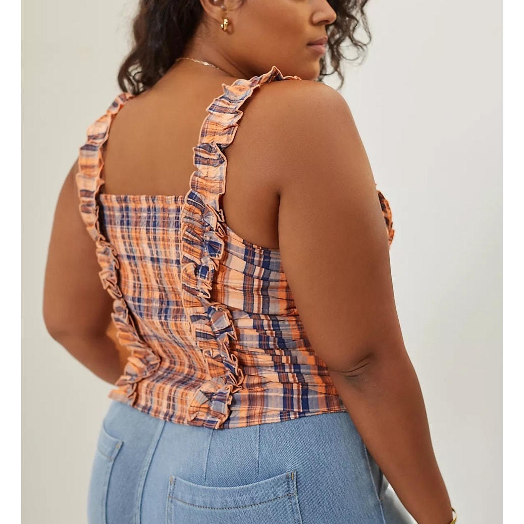 Verb Anthropologie Square Neck Ruffle Plaid Crop Tank Top Orange Blue Medium