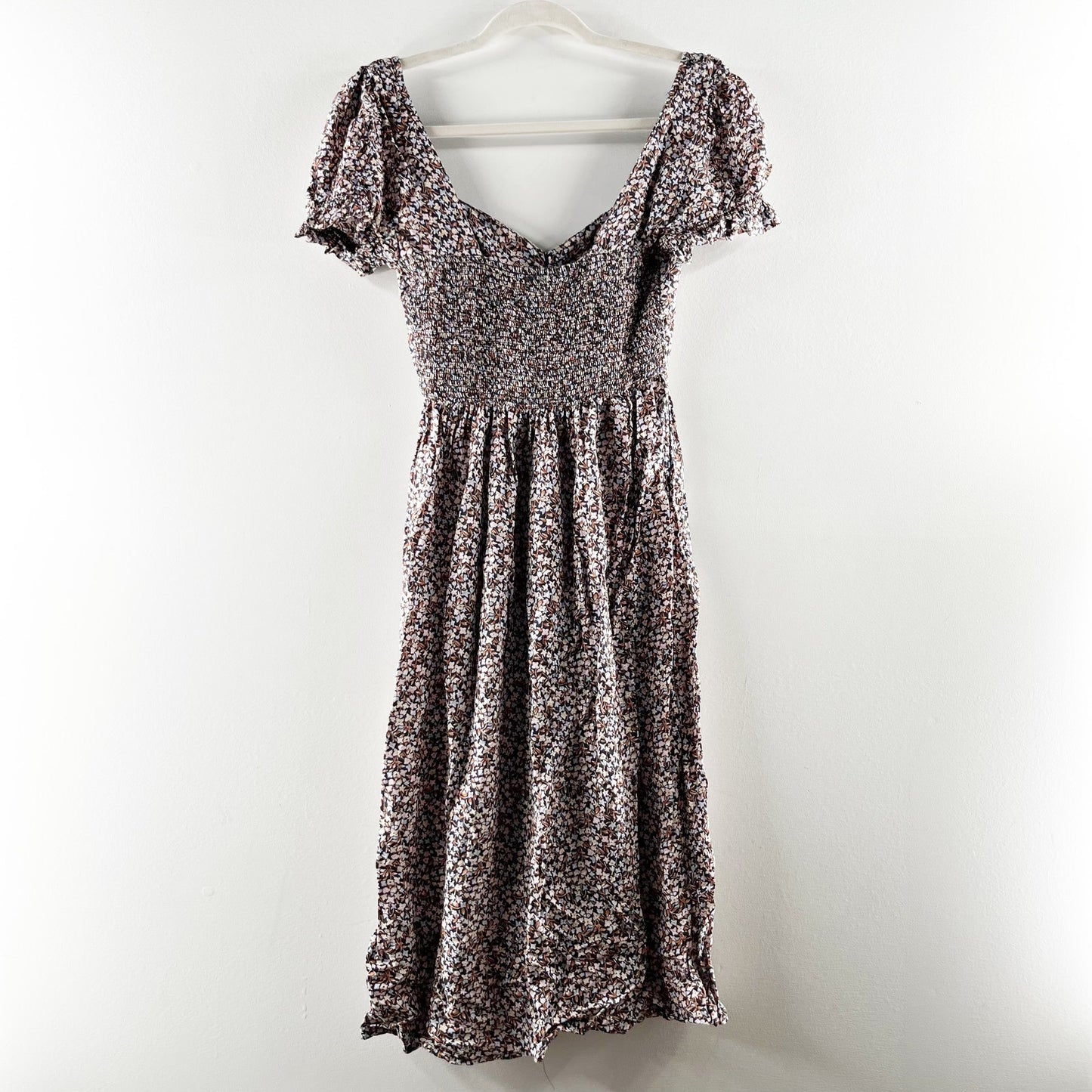 Billabong Floral Sweetheart Neckline Short Sleeve Midi Dress Brown XS