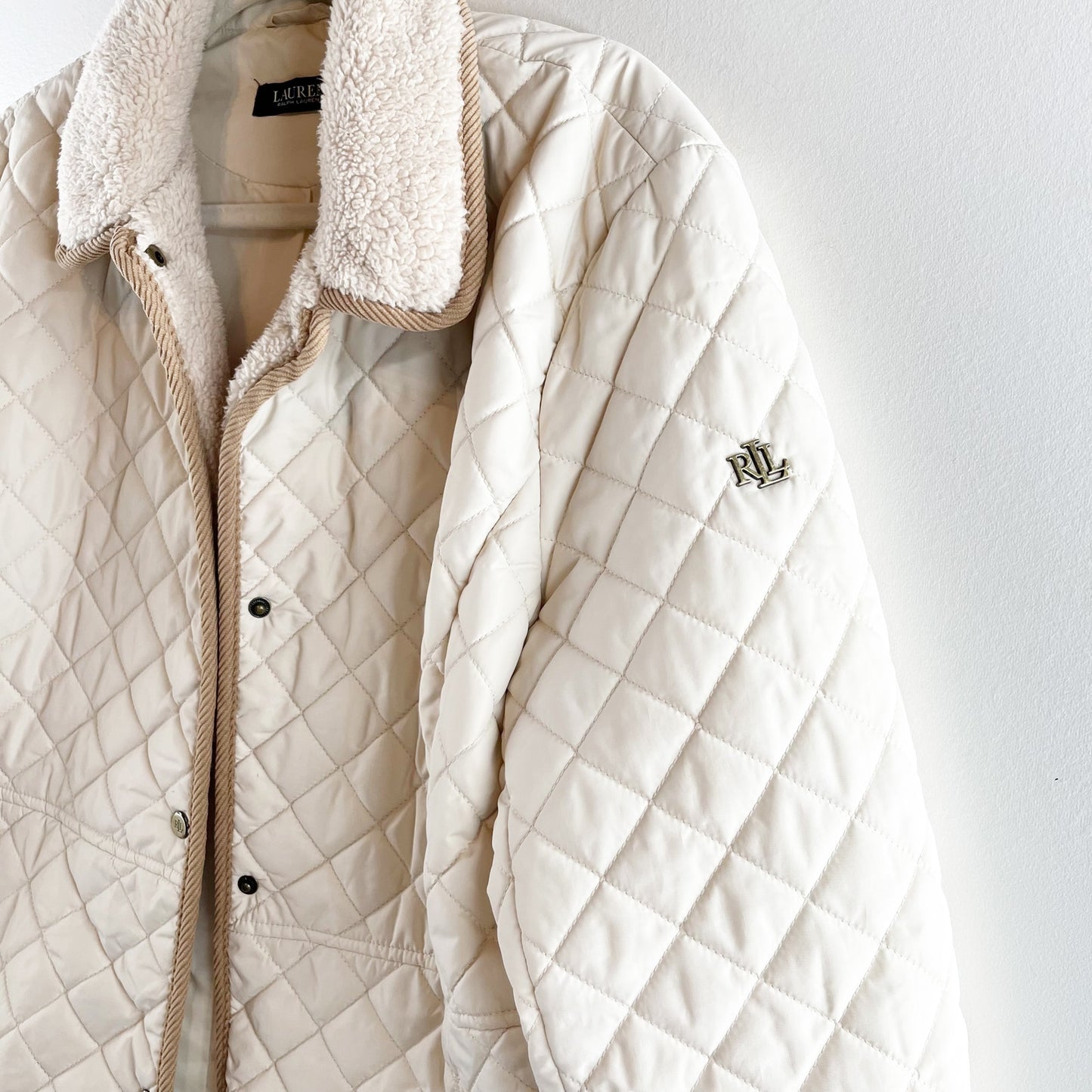 Ralph Lauren Quilted Snap Button Up Sherpa Collar Jacket Cream Large