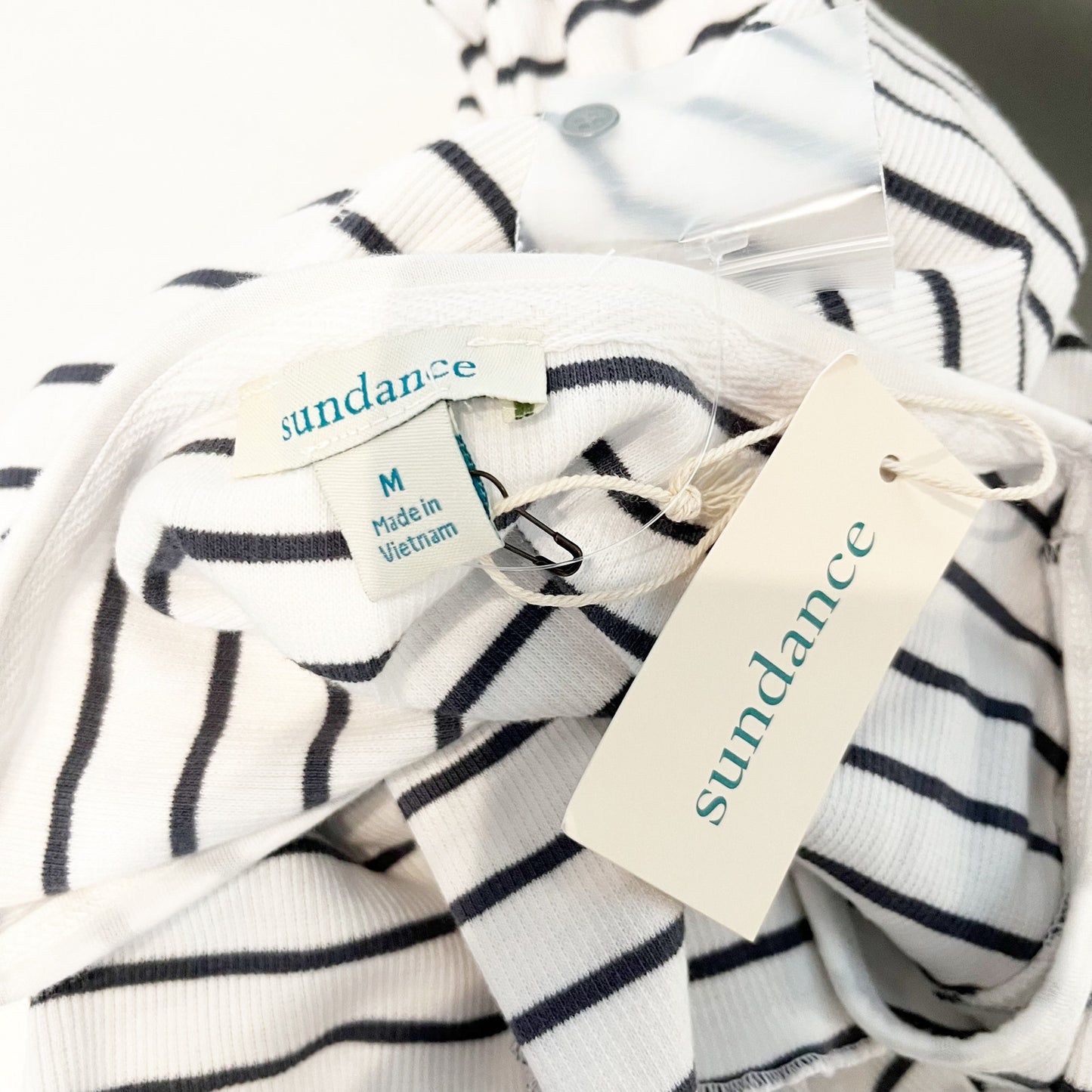 Sundance Cotton Striped Short Sleeve Scoopneck Henley Tee Shirt White Blue Small