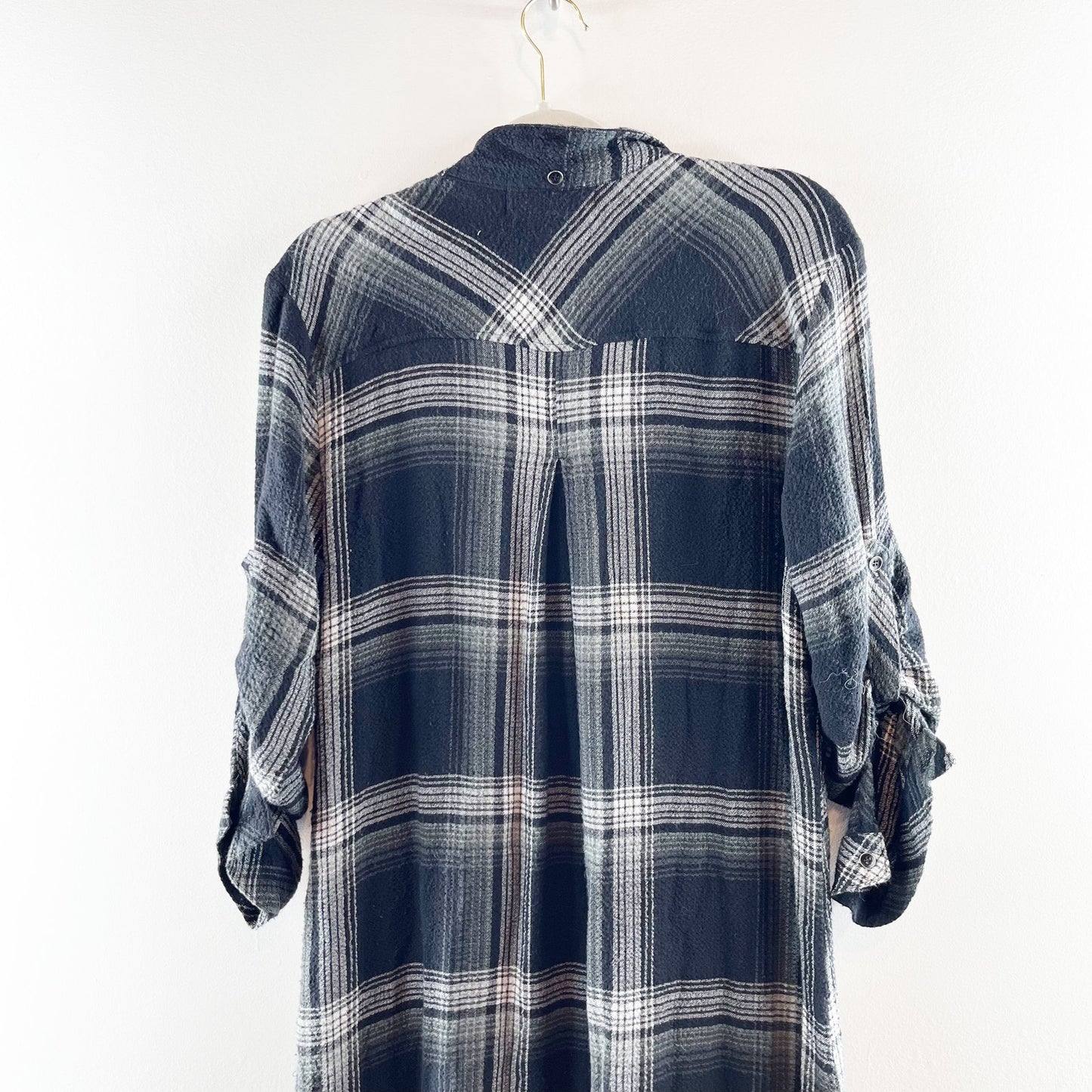 Cloth & Stone Cotton Plaid Flannel Button Up Midi Shirt Dress Black Gray Small