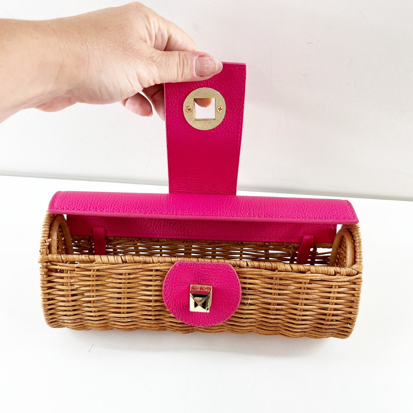 Mud Pie Wicker Rattan Straw Clutch Wallet Pink Brown