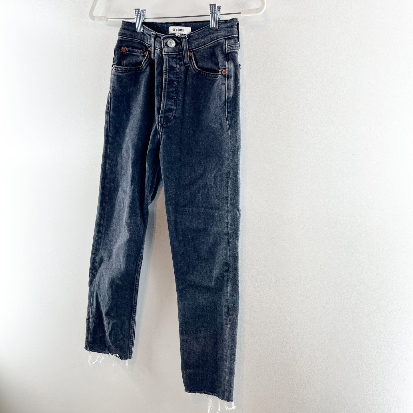 Re/Done 90s High-Rise Button Fly Ankle Frayed Hem Cropped Skinny Jeans Black 25