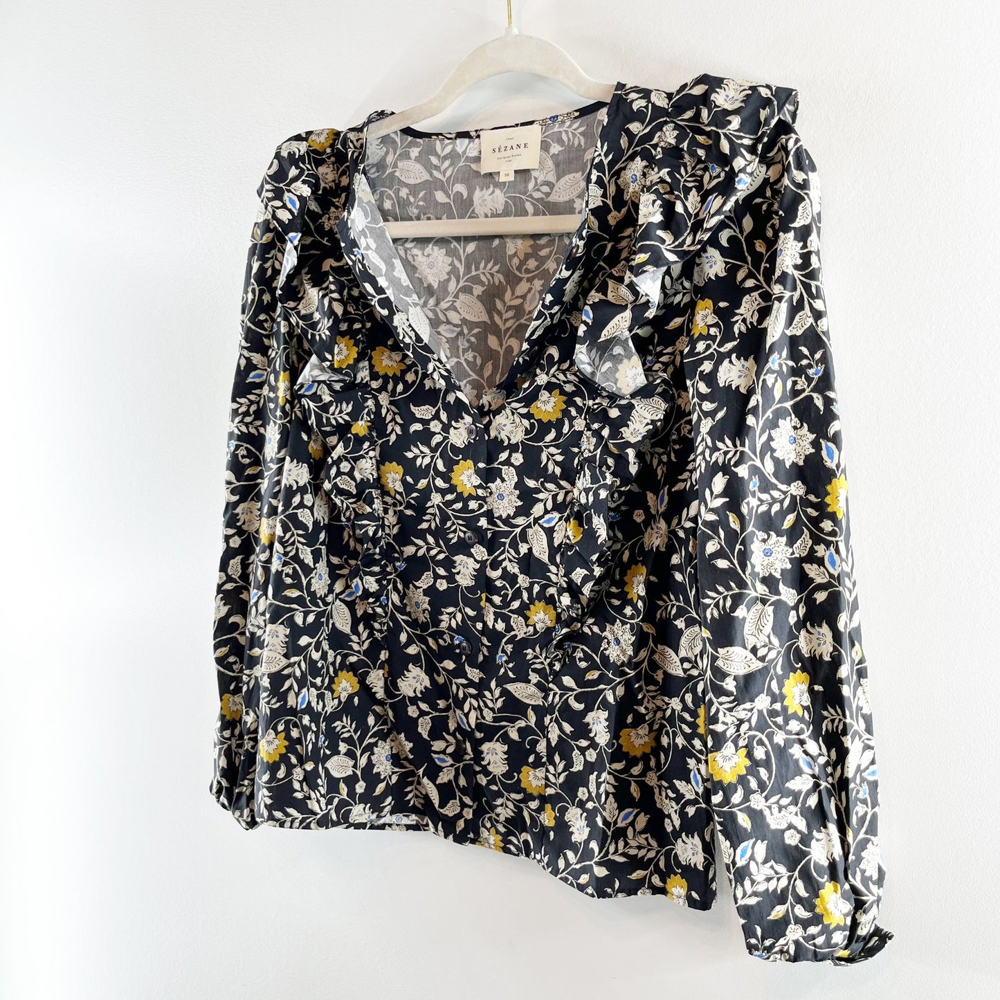 Sezane Roby Ruffle Long Sleeve Floral Cotton Poplin Blouse Black 36 / US 4