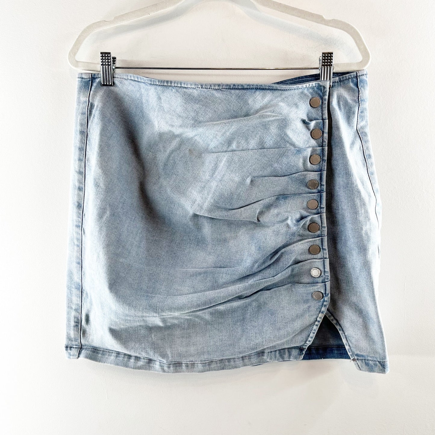 DKNY Ruched Side Button High Rise Mini Denim Jean Skirt Blue Large