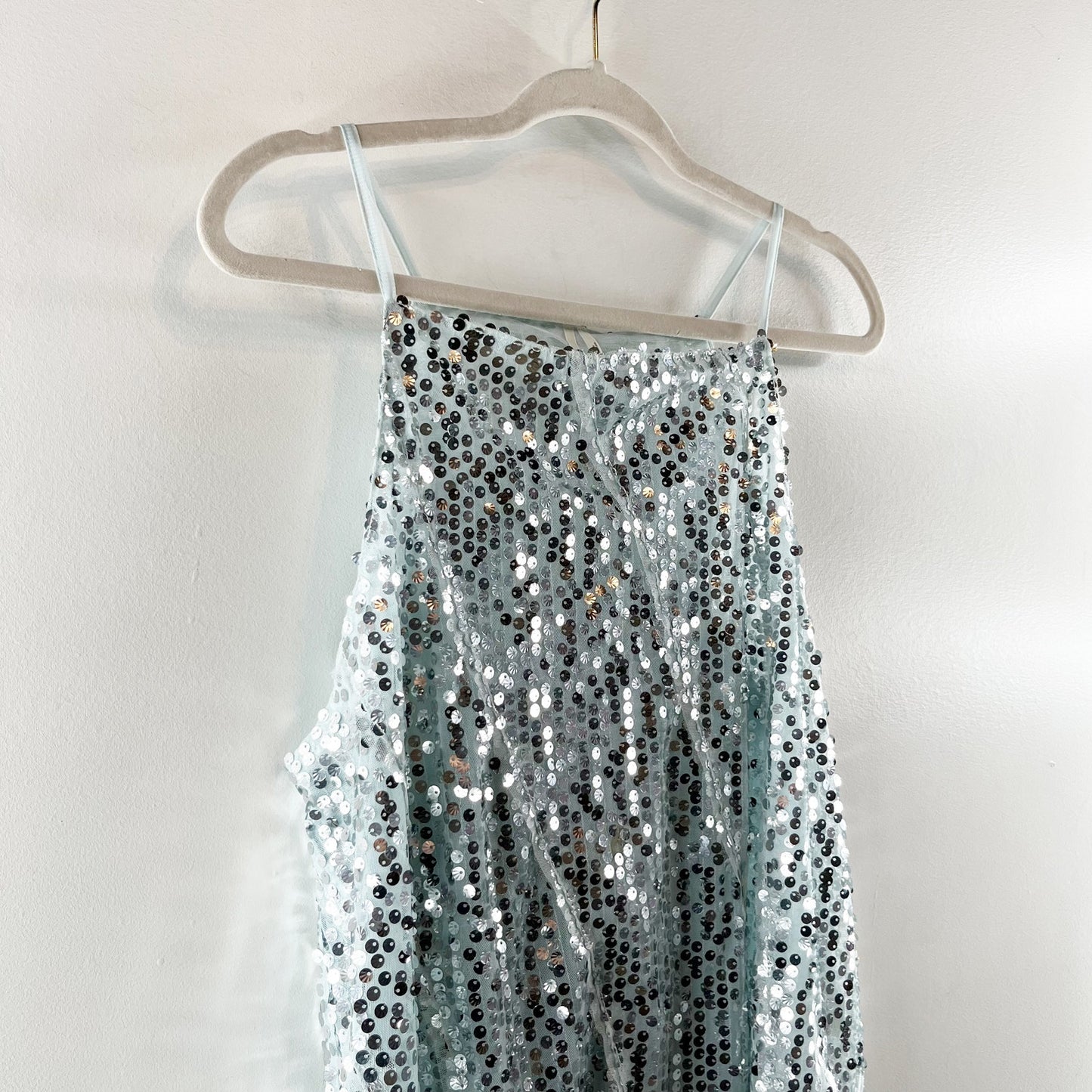 Anthropologie Sequin Square Neck Asymmetrical Hem Tank Top Blue XL