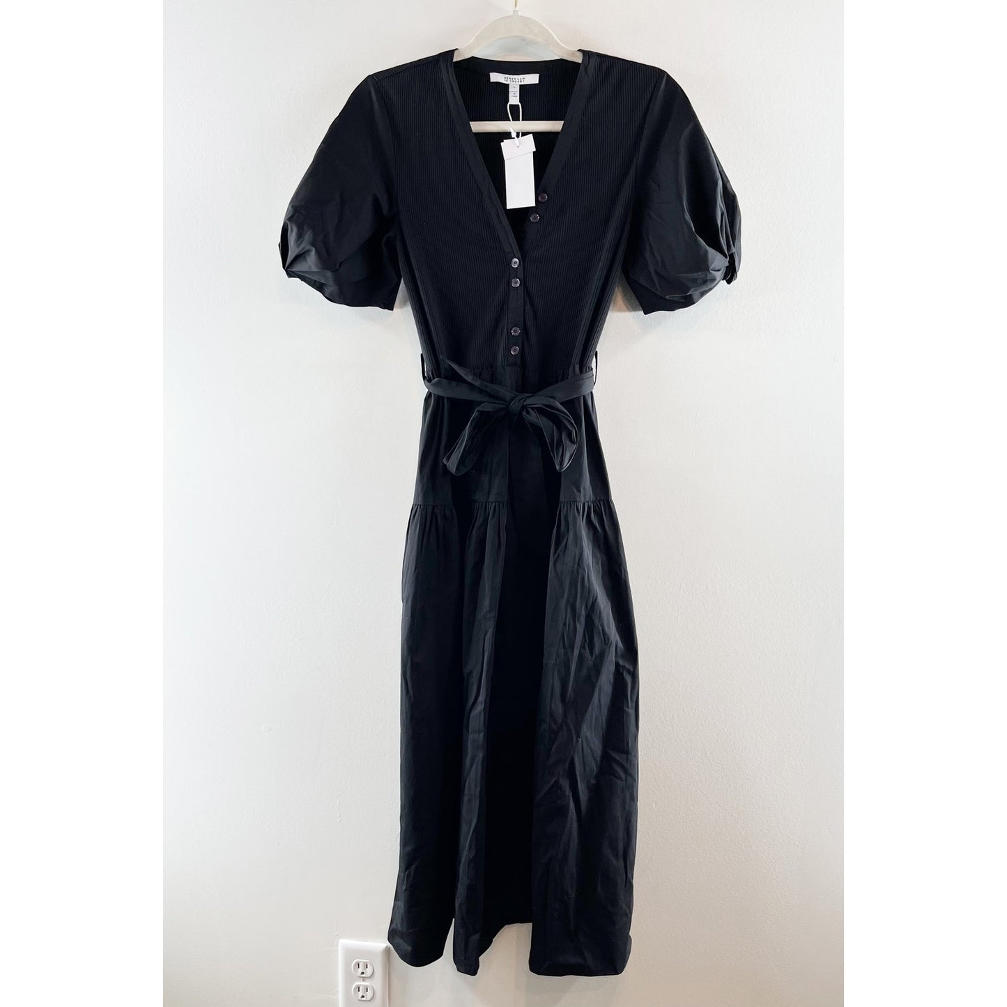 Derek Lam 10 Crosby Natalia Short Puff Sleeve Poplin Midi Dress Black Small