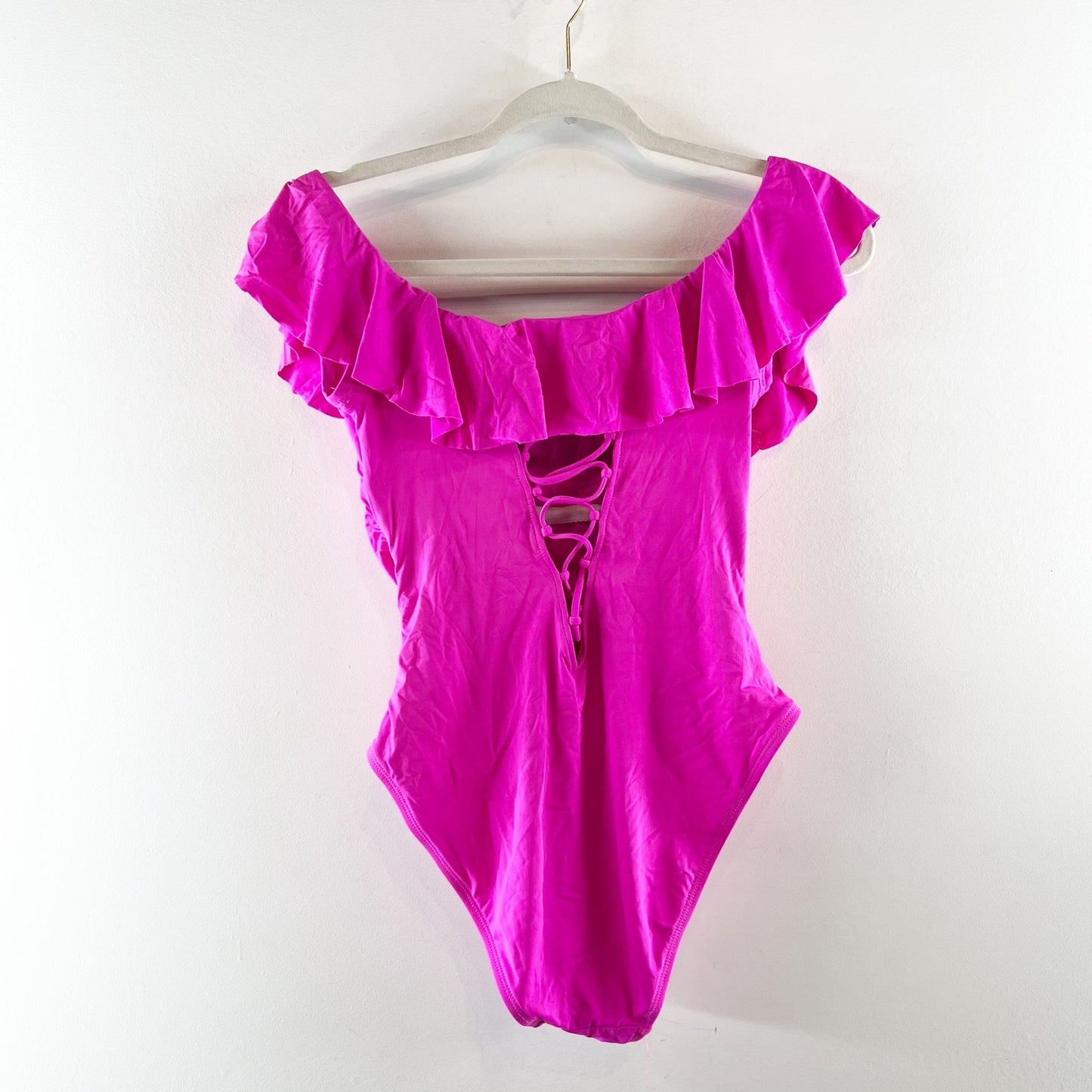 La Blanca Island Goddess Ruffle Off-Shoulder One Piece Swimsuit Hot Pink 6