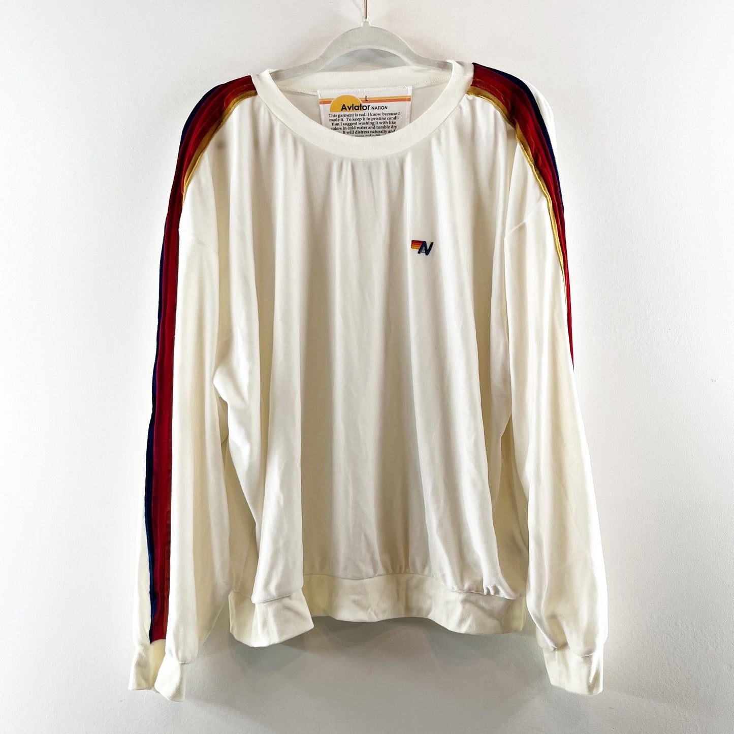 Aviator Nation Crewneck Stripe Velvet Velour Pullover Sweatshirt White Large