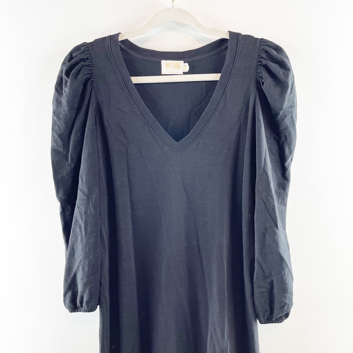 Nation LTD Danika Puff Sleeve Cotton Flounce Hem Mini Dress Black