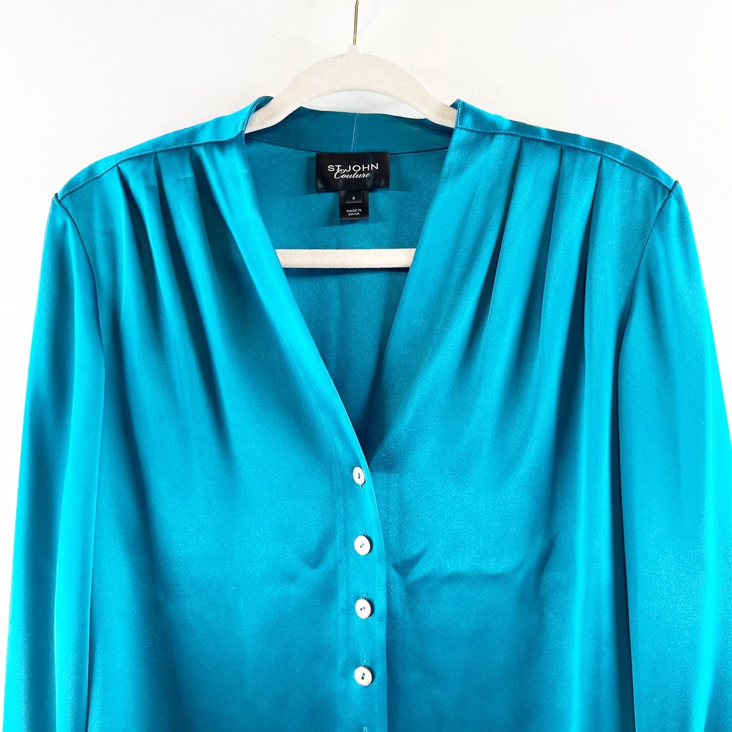 St. John Couture Button Down Long Sleeve Silky Blouse Shirt Teal Blue 6