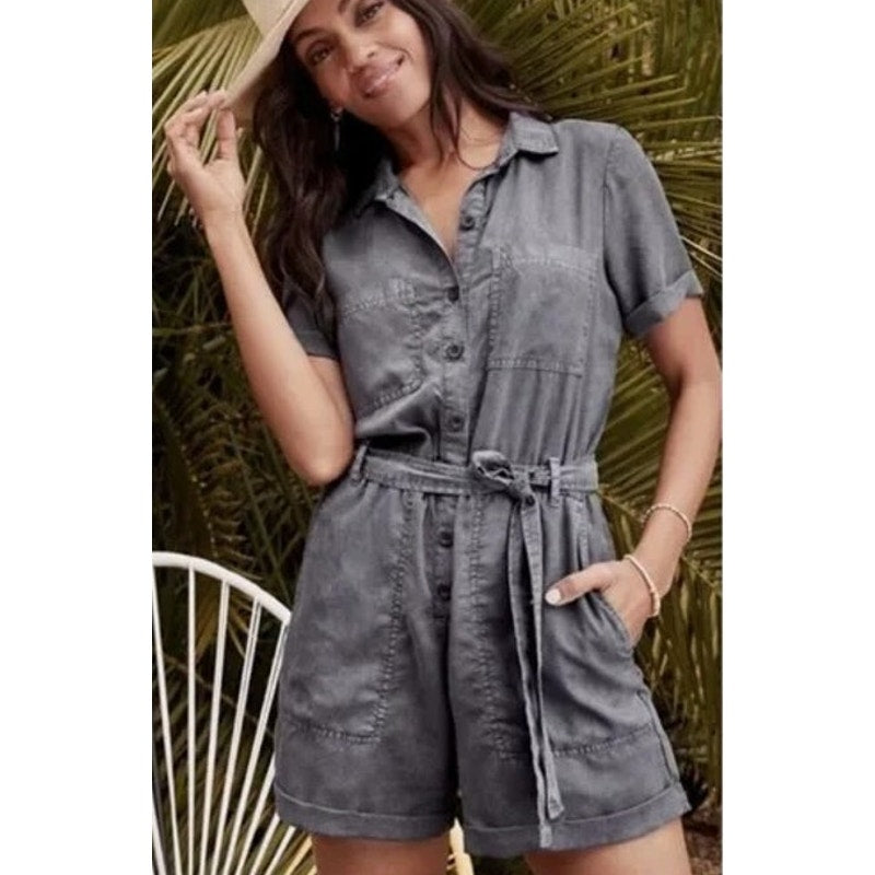 Cloth & Stone Tencel Lycocell Short Sleeve Belted Shorts Romper Gray XS