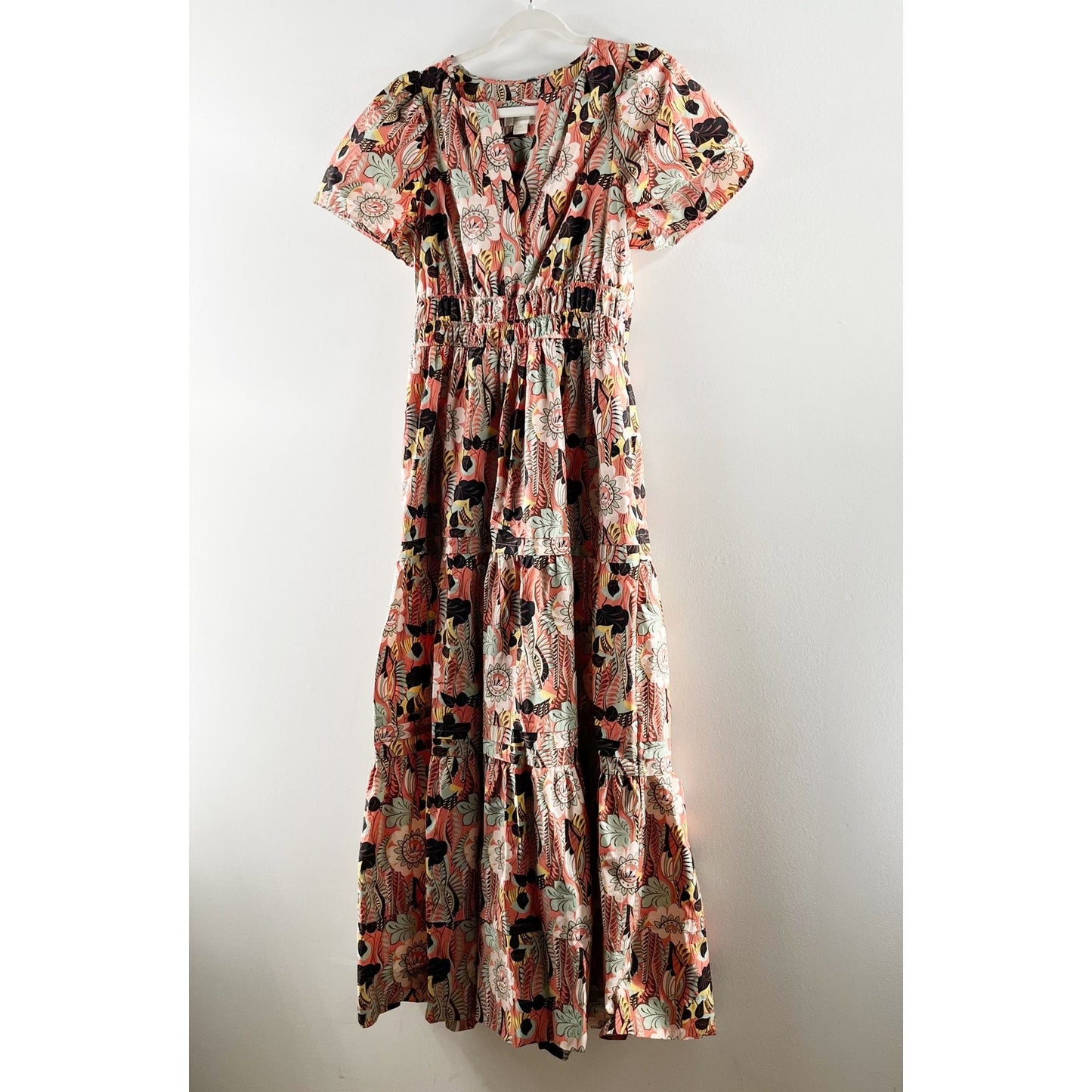 Maeve Anthropologie The Somerset Short Sleeve Cotton Maxi Dress Floral Brown XS
