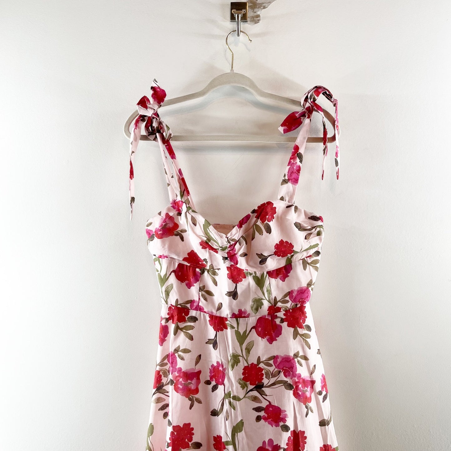 Here Comes the Sun Floral Tie Strap Fit & Flare Midi Dress White Pink Medium