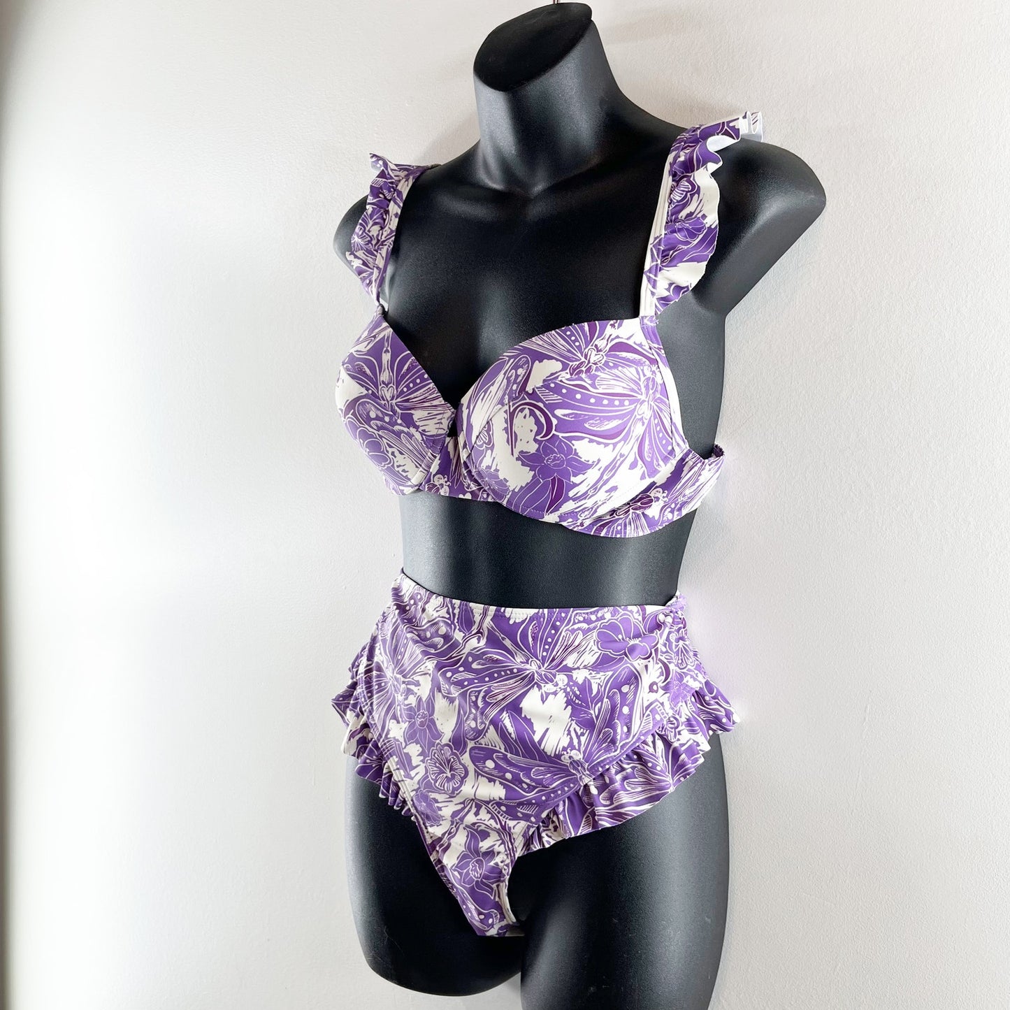 Floral Ruffle Strap High Rise Two Piece Bikini With Wrap Sarong Skirt Purple XL