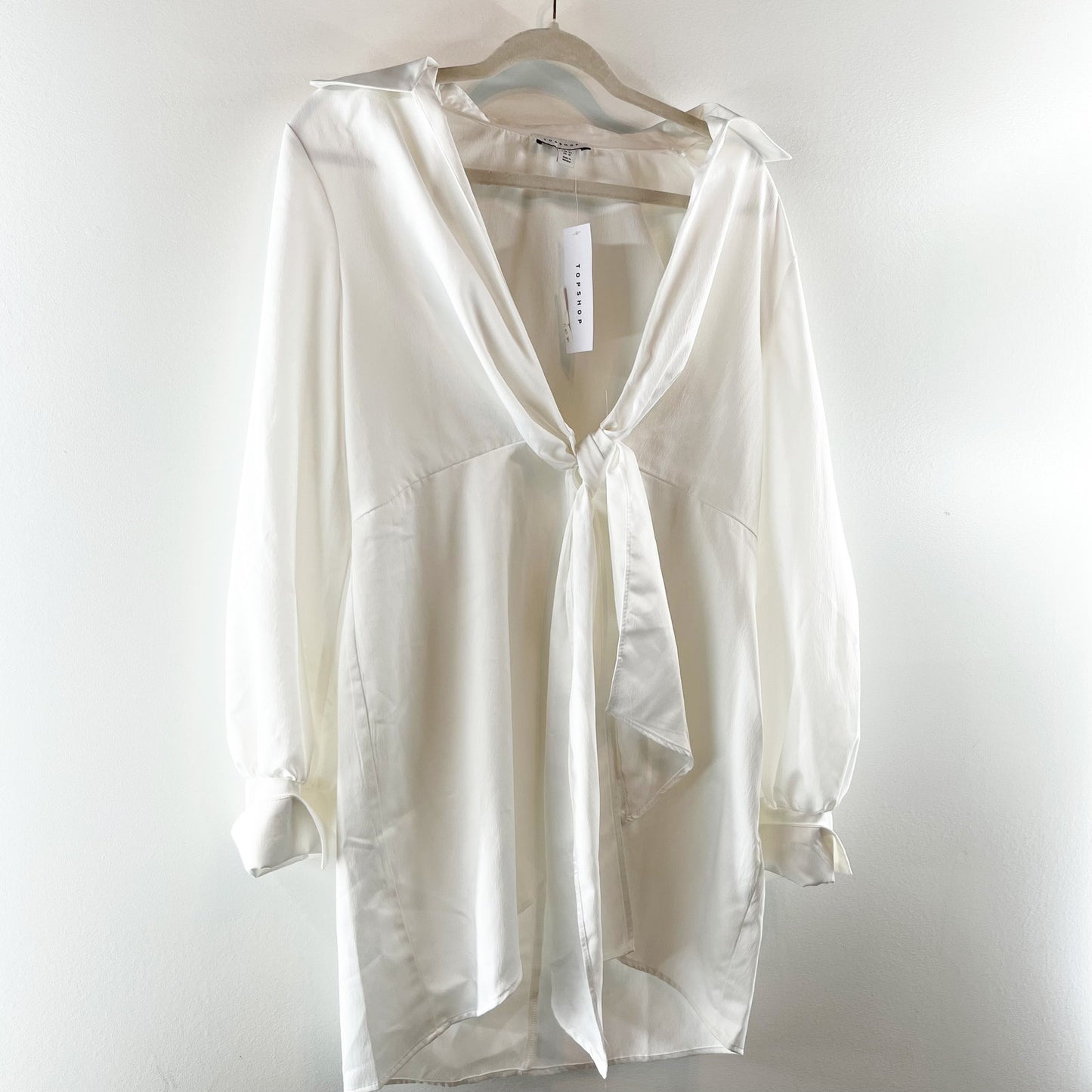 Topshop Long Sleeve Mini Twist Front Satin Shirt Dress White 12
