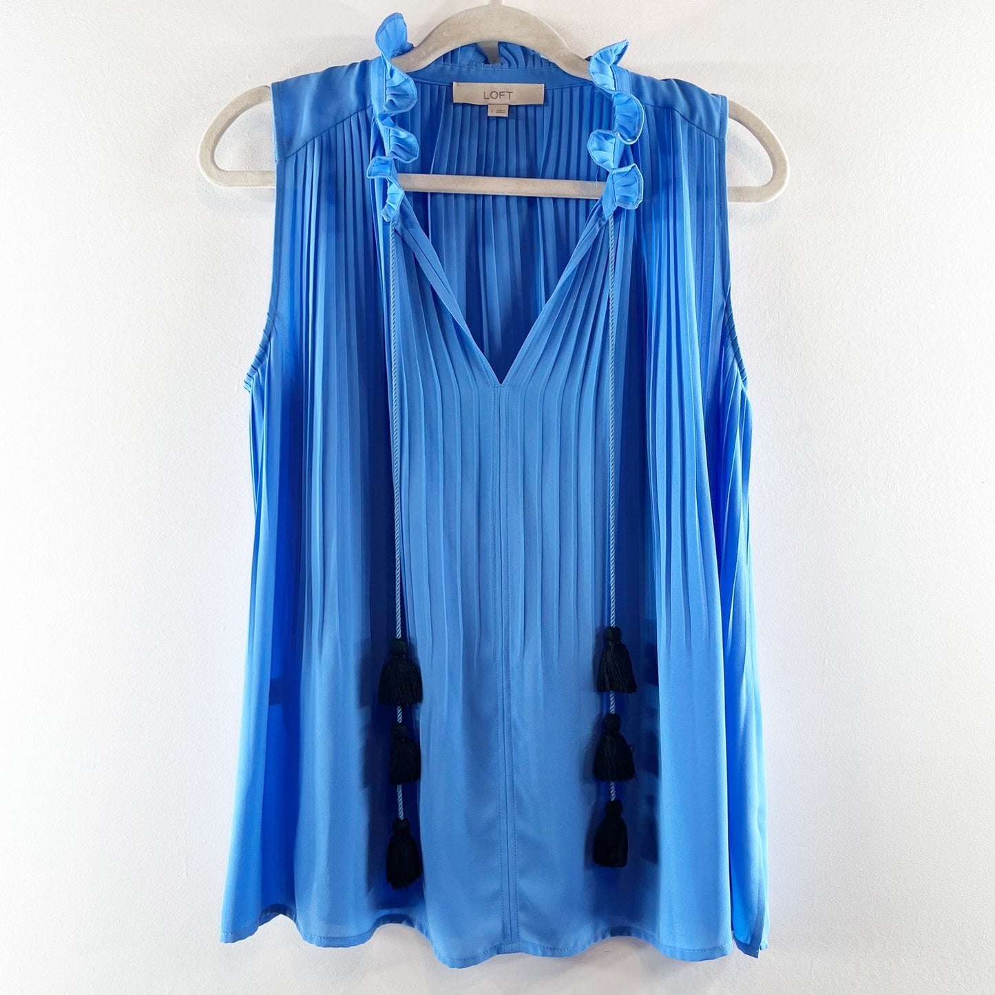 LOFT Pleated Ruffle Neck Sleeveless Tassel Blouse Tank Top Blue Small