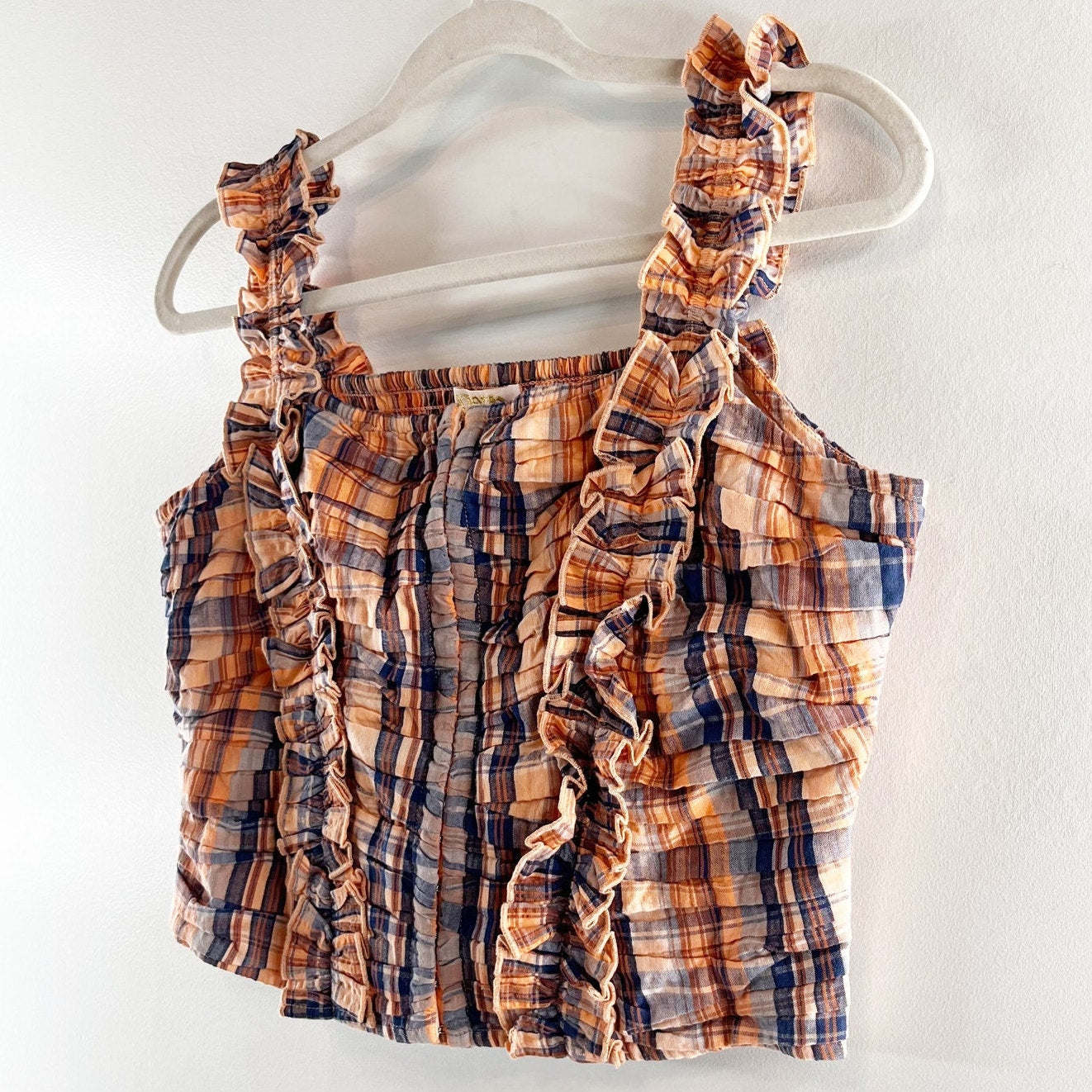Verb Anthropologie Square Neck Ruffle Plaid Crop Tank Top Orange Blue Medium