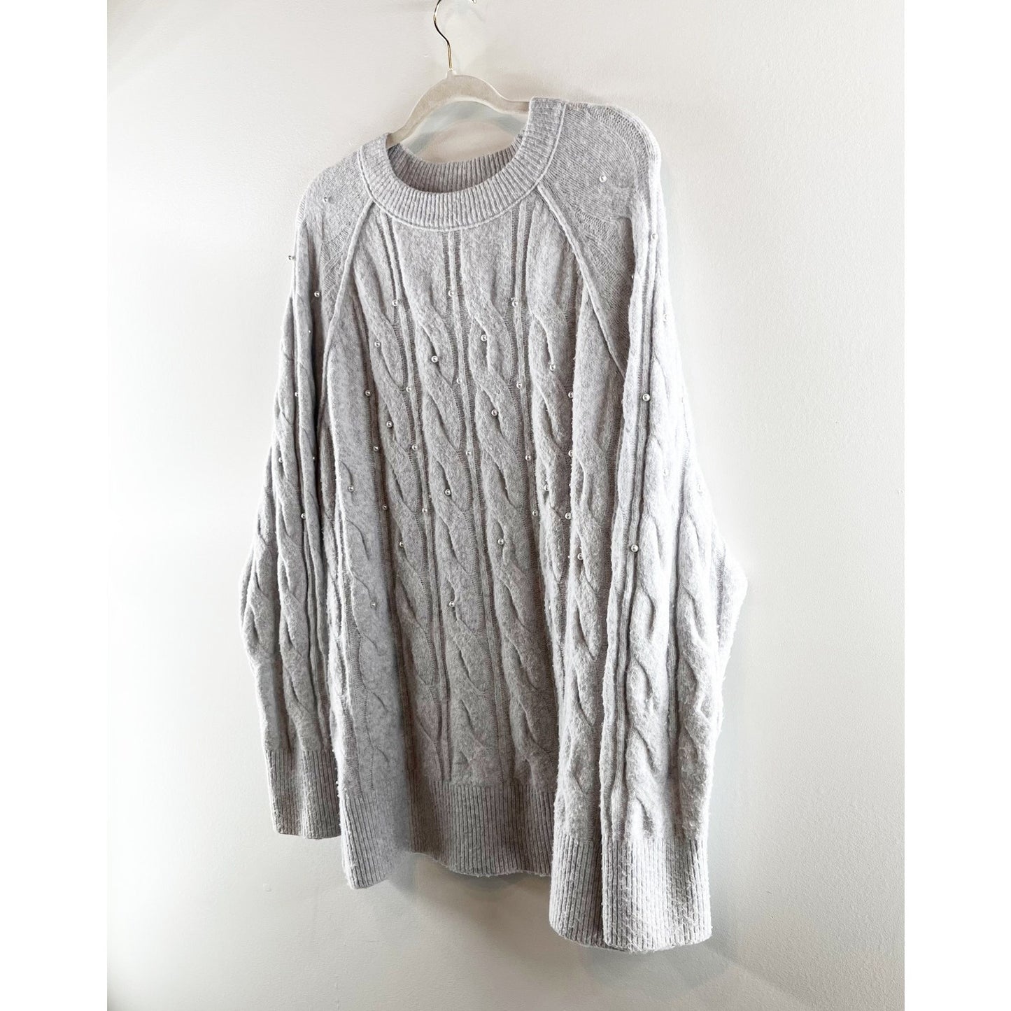 Aerie unReal Crewneck Long Sleeve Cable Pearl Detail Sweater Gray Large