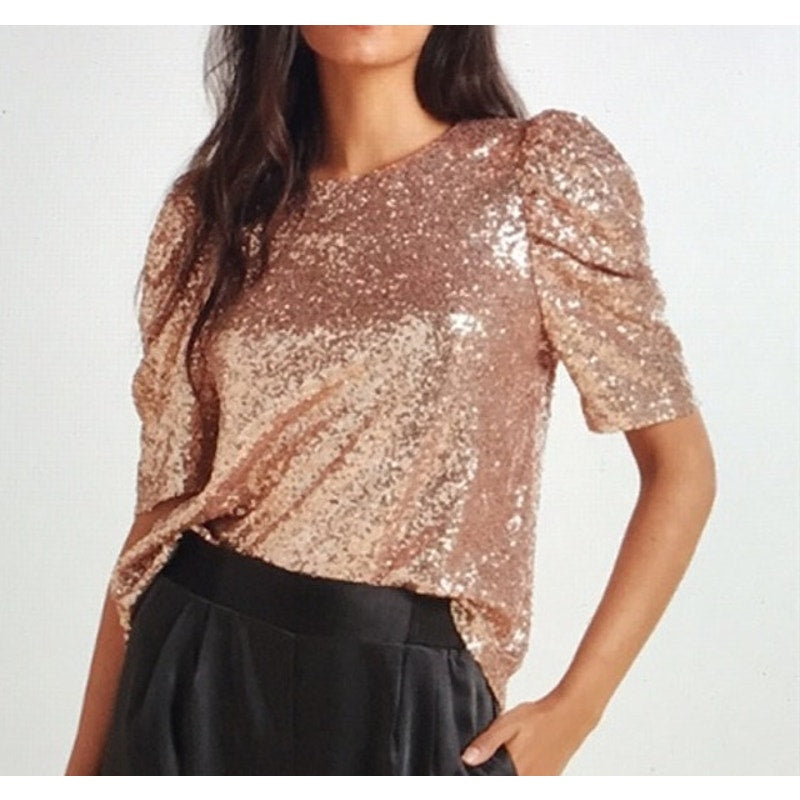 Allison Joy Evereve Adele Puff Short Sleeve Sequin Tee Shirt Top Gold XS