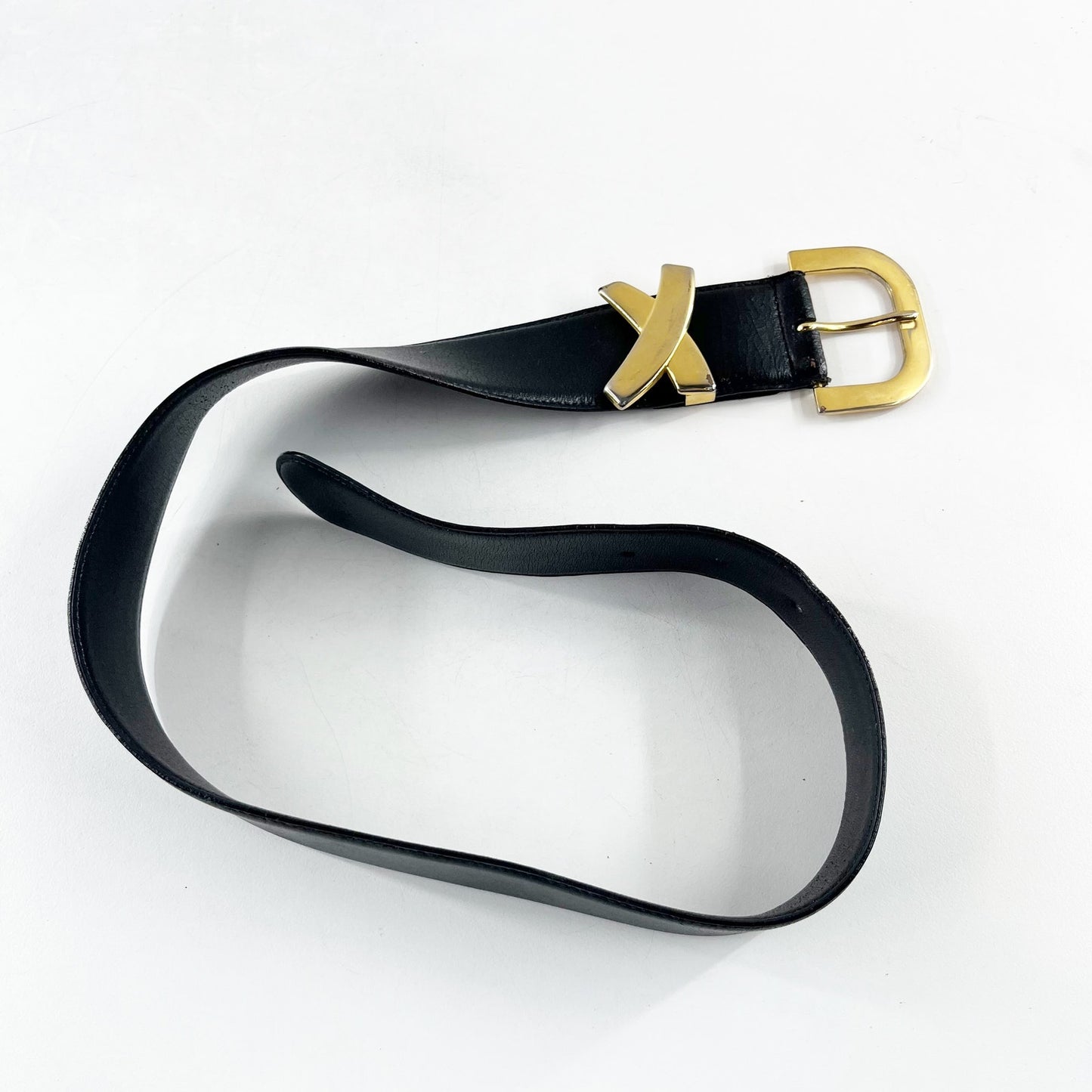 Paloma Picasso Leather Waist Belt Gold Buckle and X Detail