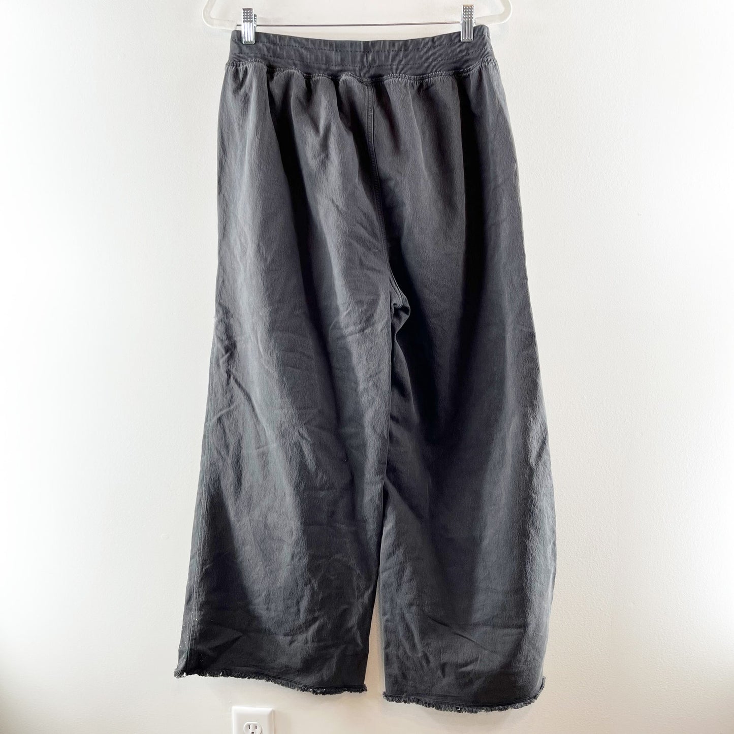 Aerie Soft Landing High Rise Wide Leg Raw Hem Trouser Pants Charcoal Black Large