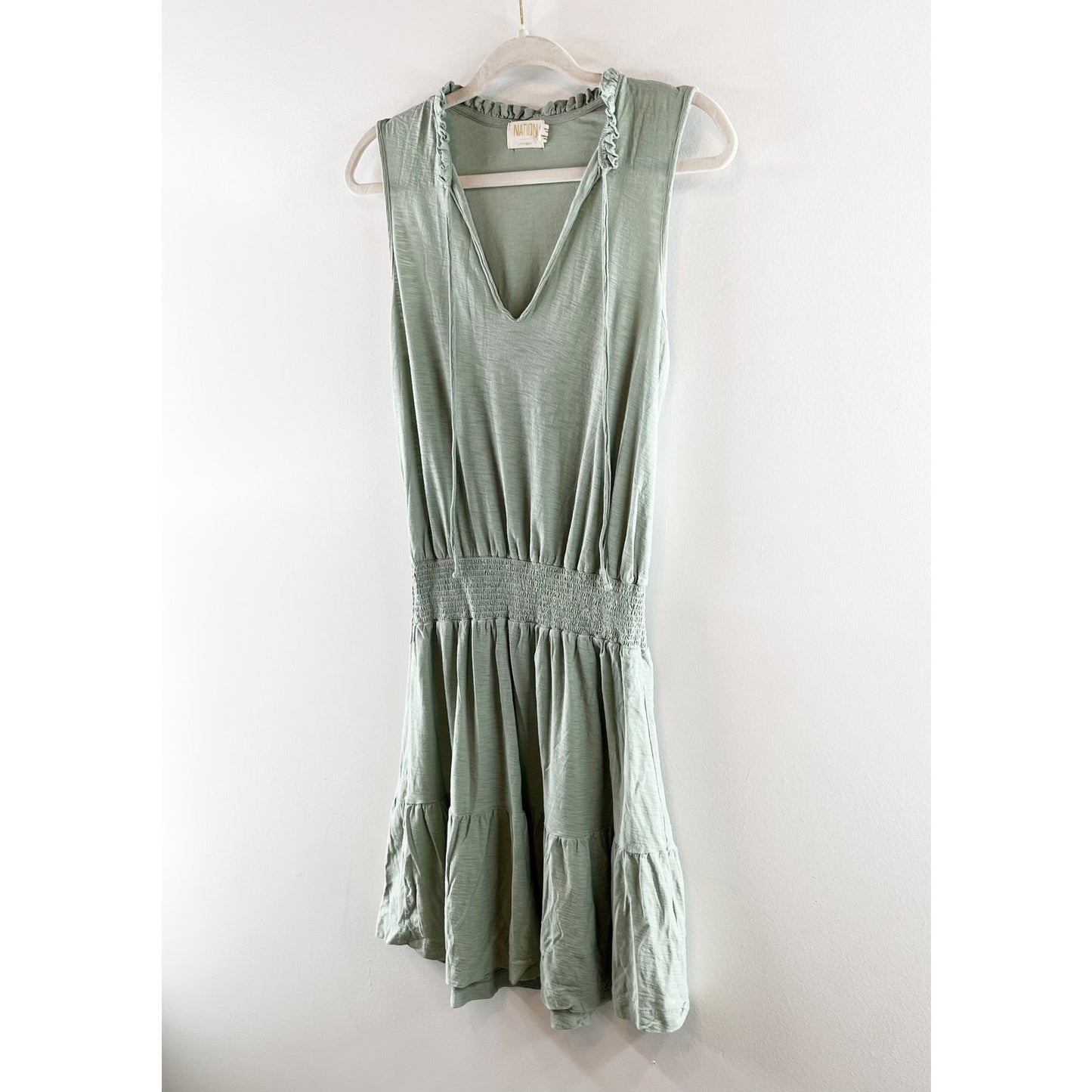 Nation LTD Lael Easy Smocked Ruffle Neck Sleeveless Peasant Mini Dress Green M