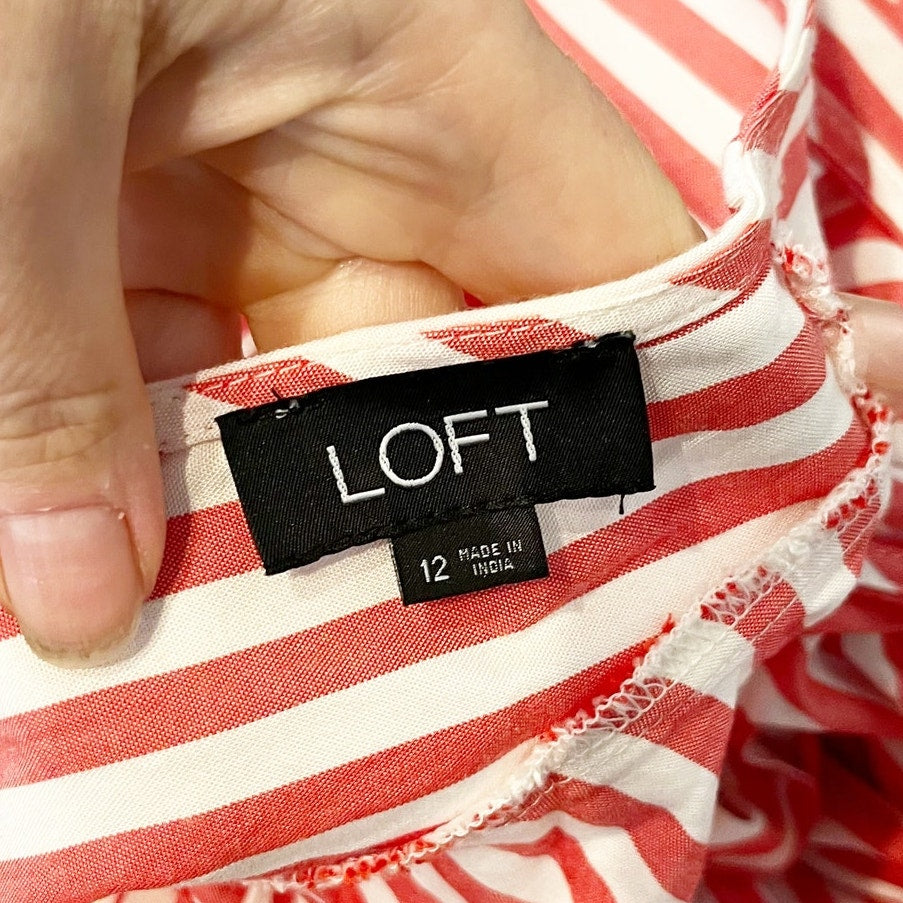 LOFT Striped V Neck Ruffle Shoulder Belted Romper Red White 12