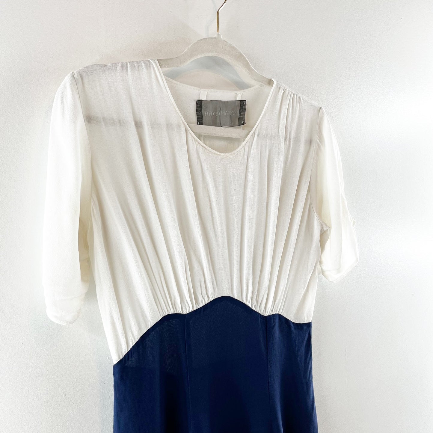 Reformation Chiffon Colorblock Short Sleeve Mini Dress White Navy Blue Medium