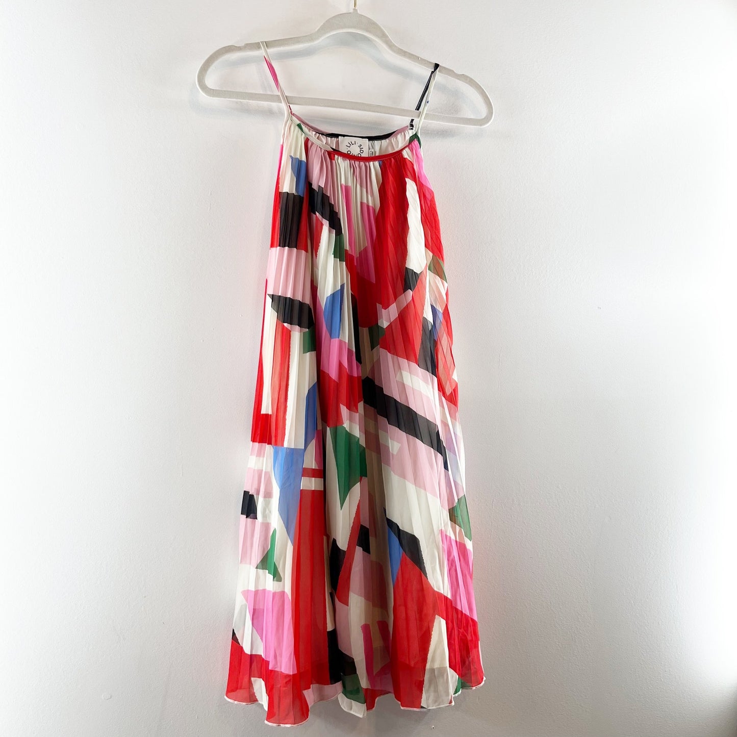 Molly Bracken Tara Sleeveless Geo Print Plisse Pleated Mini Dress Pink Large