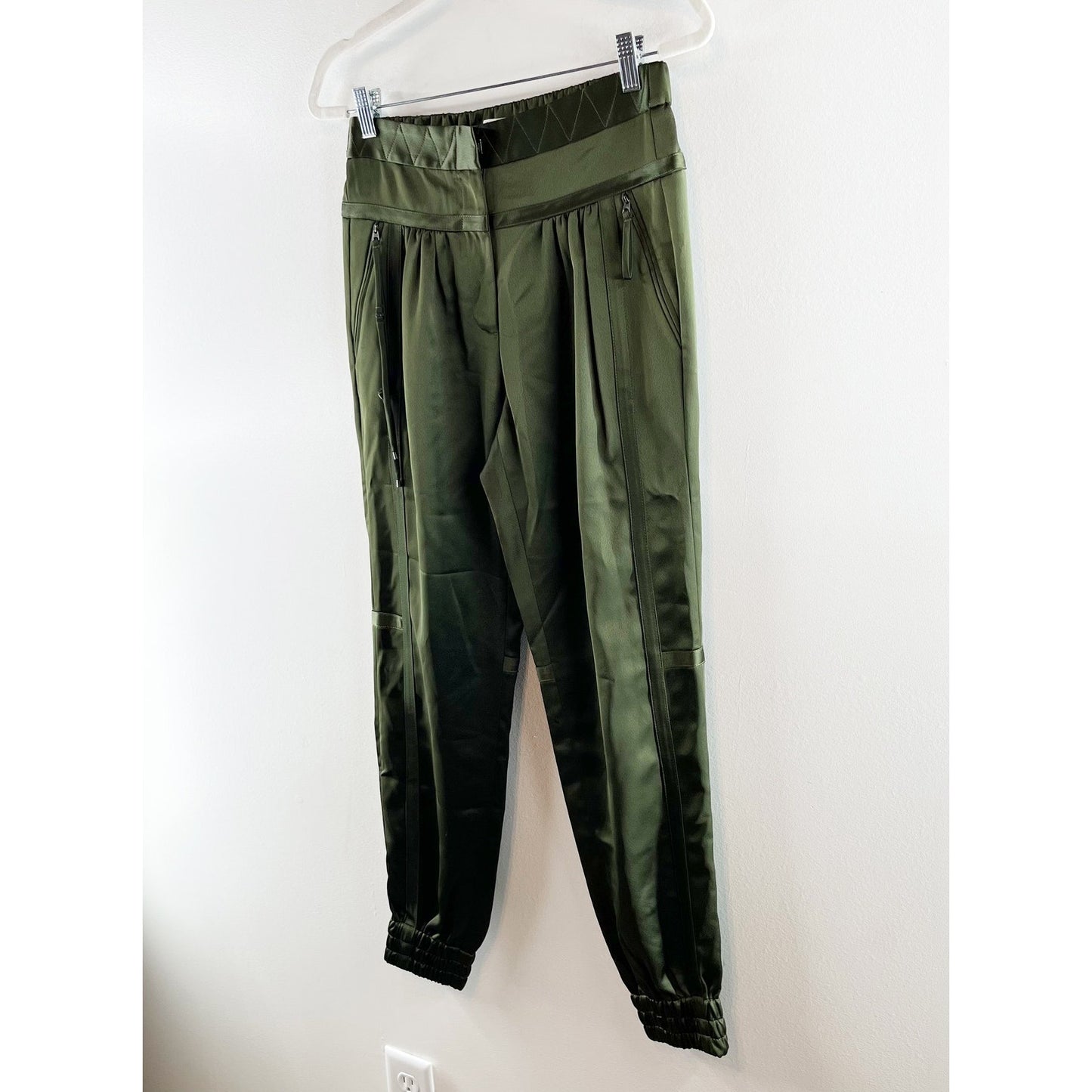 Halston Heritage Satin High Waisted Tapered Leg Joggers Pants Dark Forest Green