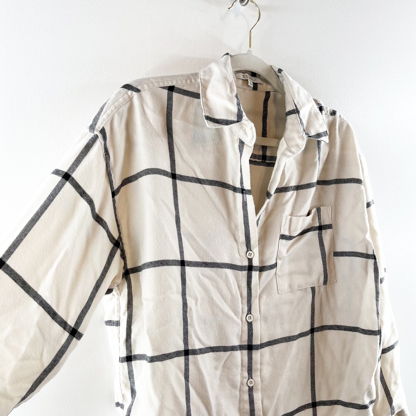 Z Supply River Windowpane Long Sleeve Pocket Button Up Shirt Cream Black Small