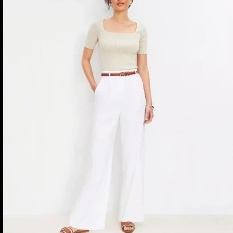 LOFT The High Rise Linen Peyton Trouser Wide Leg Pants White 12