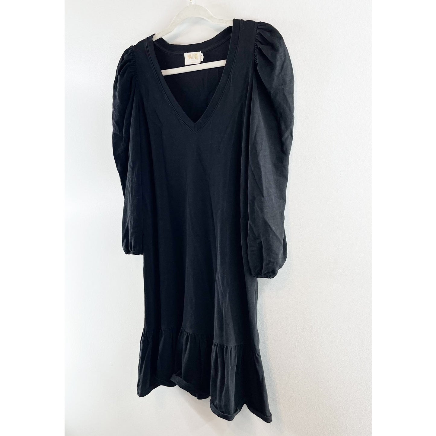Nation LTD Danika Puff Sleeve Cotton Flounce Hem Mini Dress Black