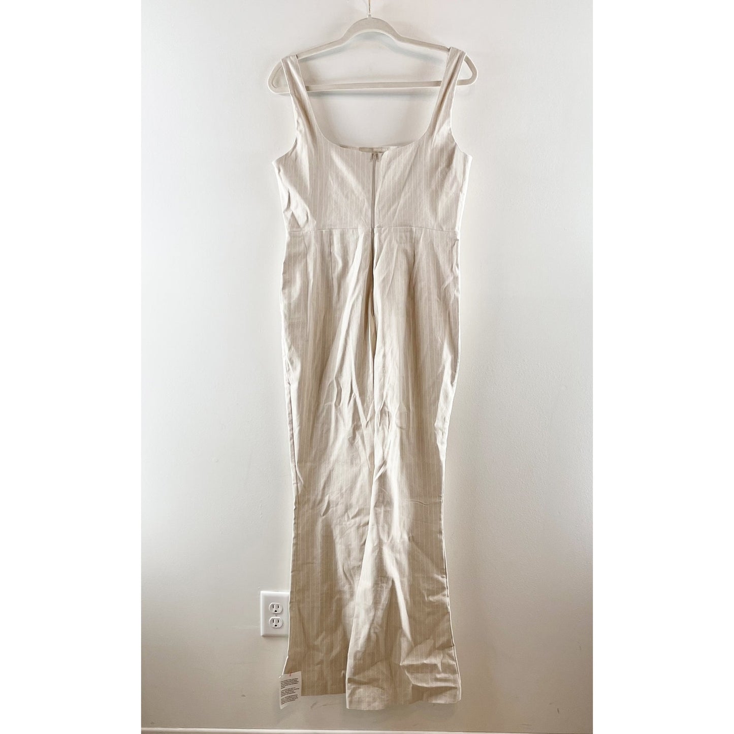 ASOS Square Neck Flare Tailored Pinstripe Jumpsuit in Stone Stripe Tan 8
