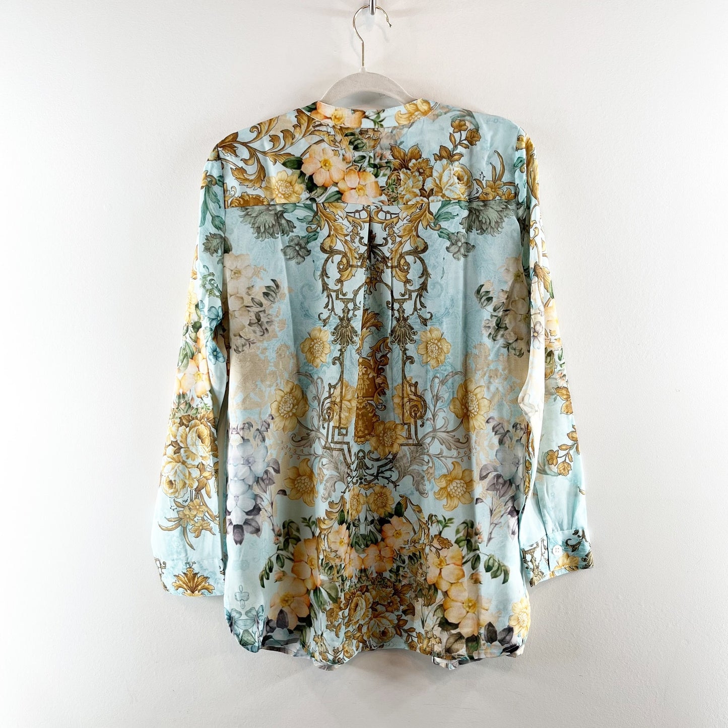 Soft Surroundings Long Sleeve Floral Button Up Blouse Top Blue Teal Large