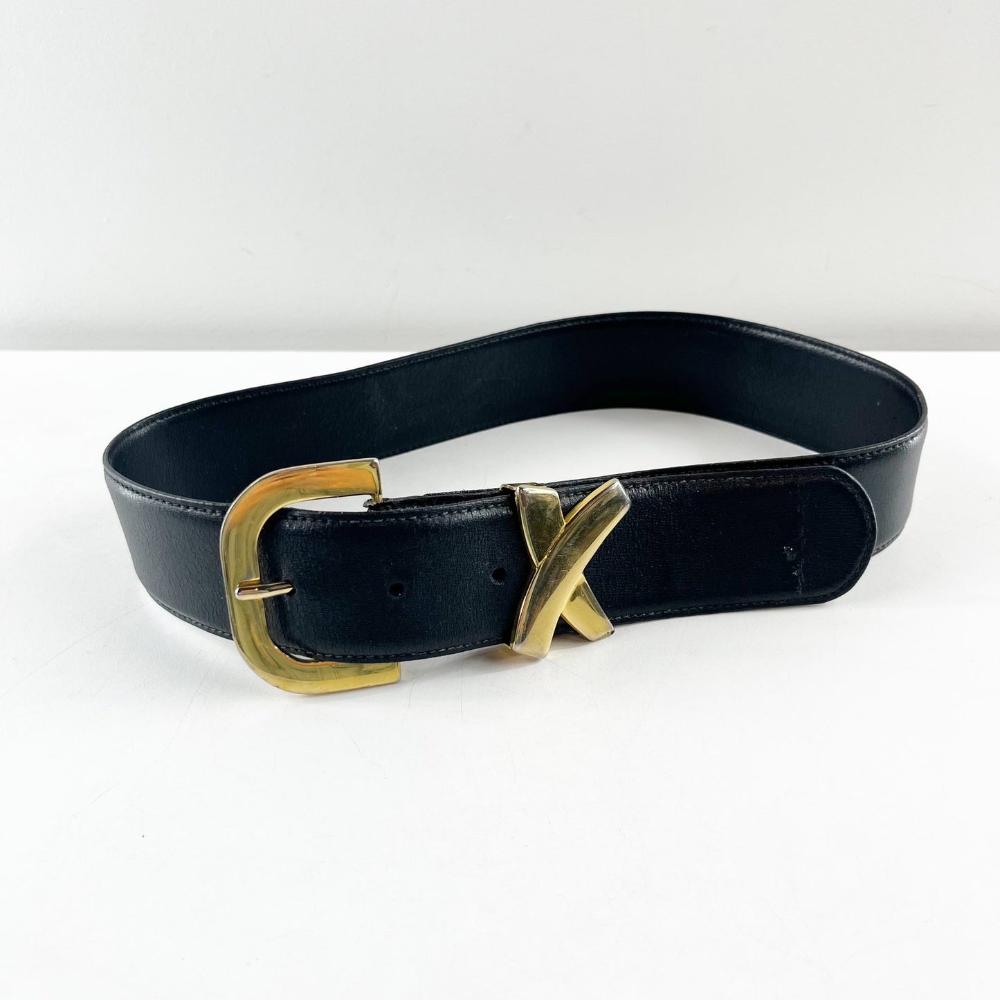 Paloma Picasso Leather Waist Belt Gold Buckle and X Detail
