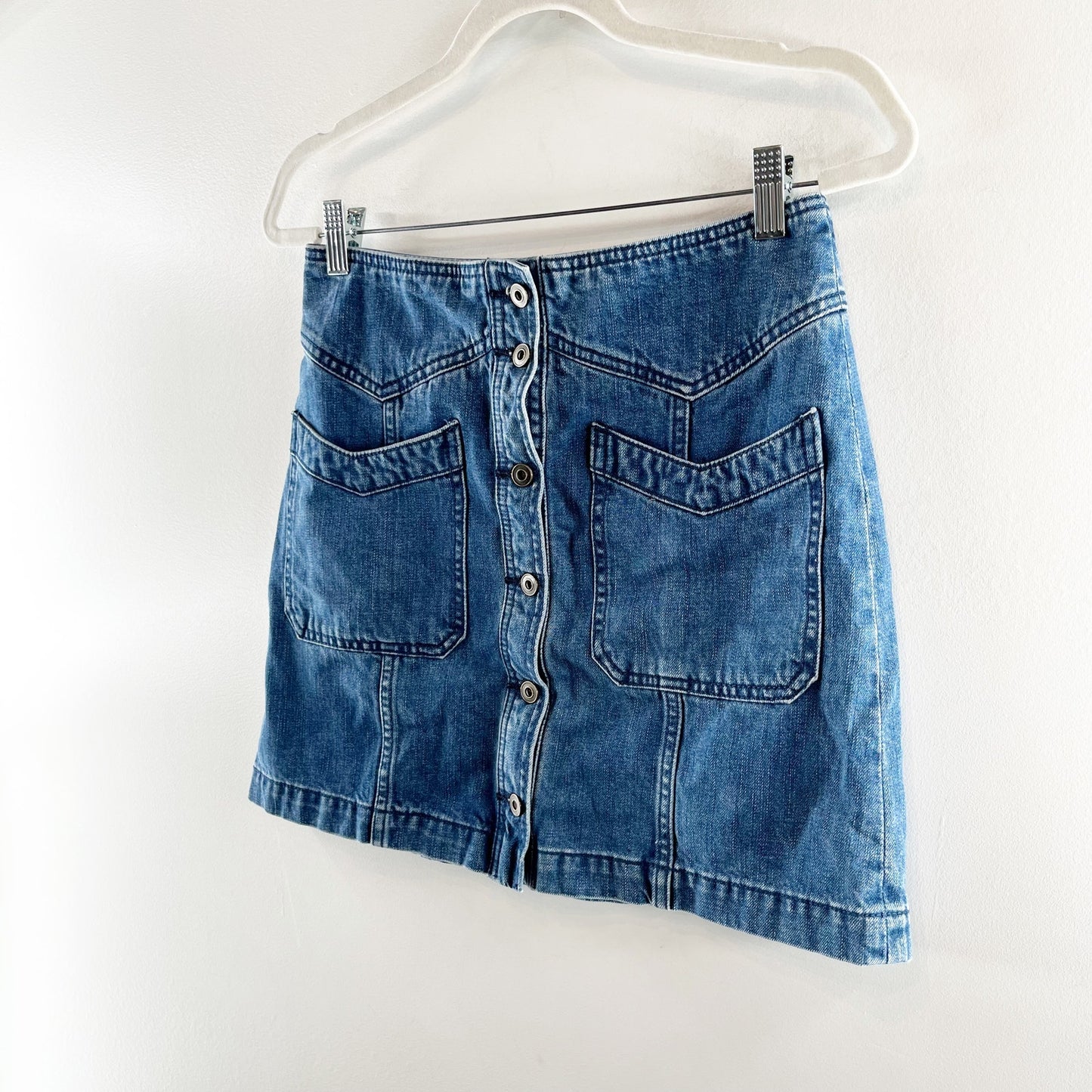Free People Come a Little Closer Denim Mini Button Up Mini Skirt Blue 4
