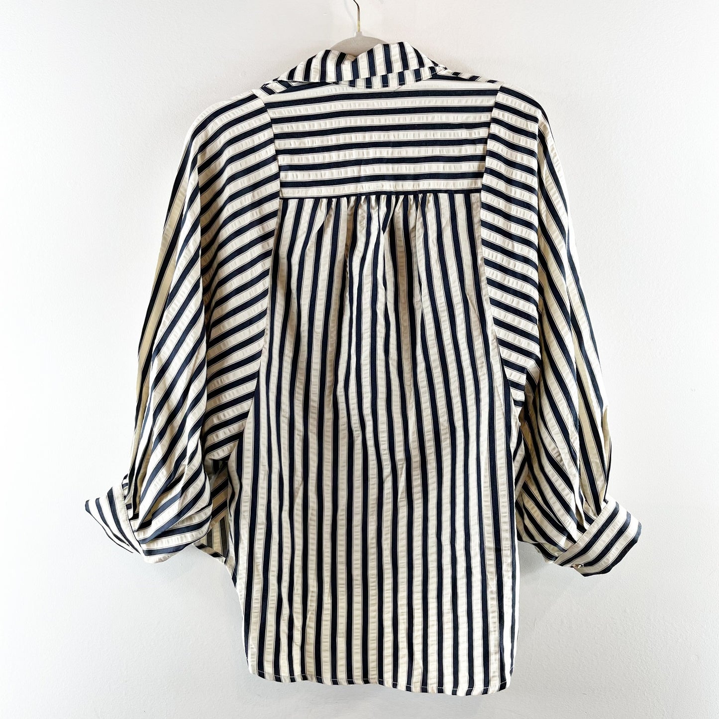 Bishop + Young Aly Striped Long Sleeve Button Front Blouse Cream Navy Blue Small