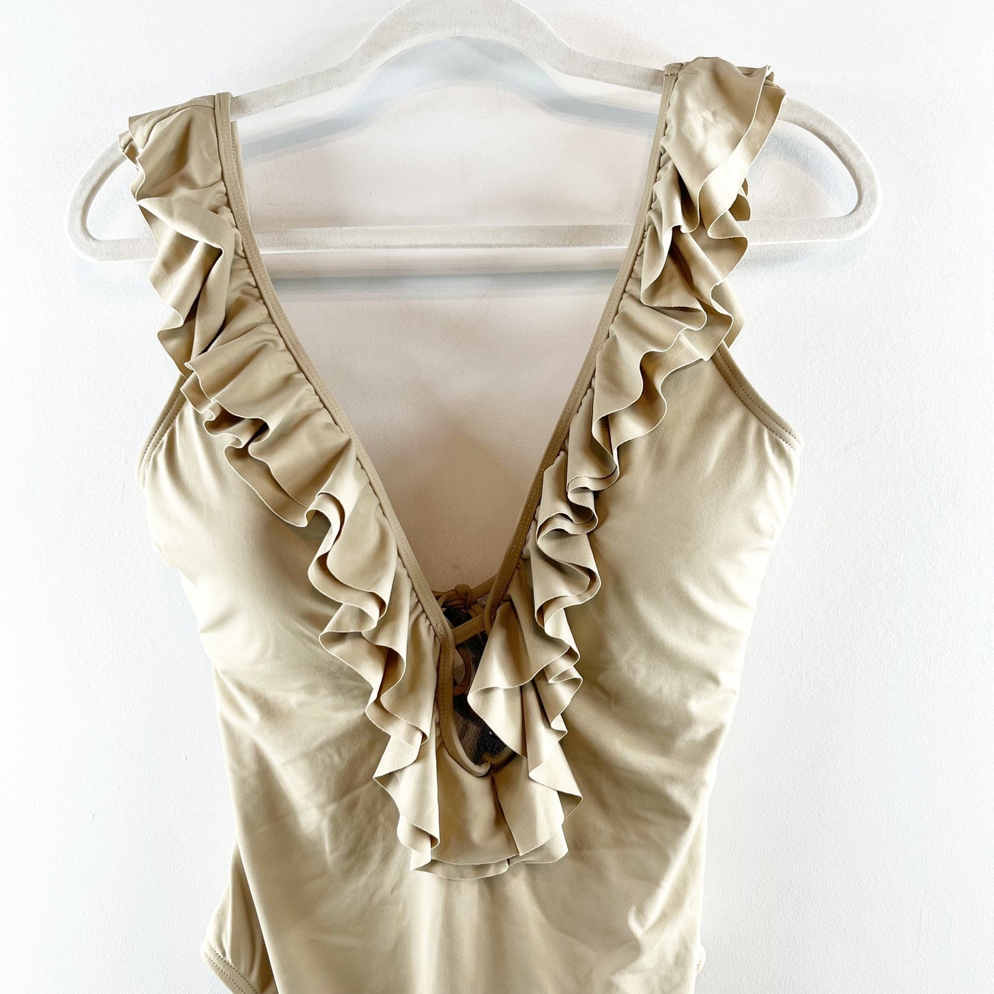 Michael Kors Plunge Ruffle Trim Open Back One Piece Swimsuit Gold Tan 14