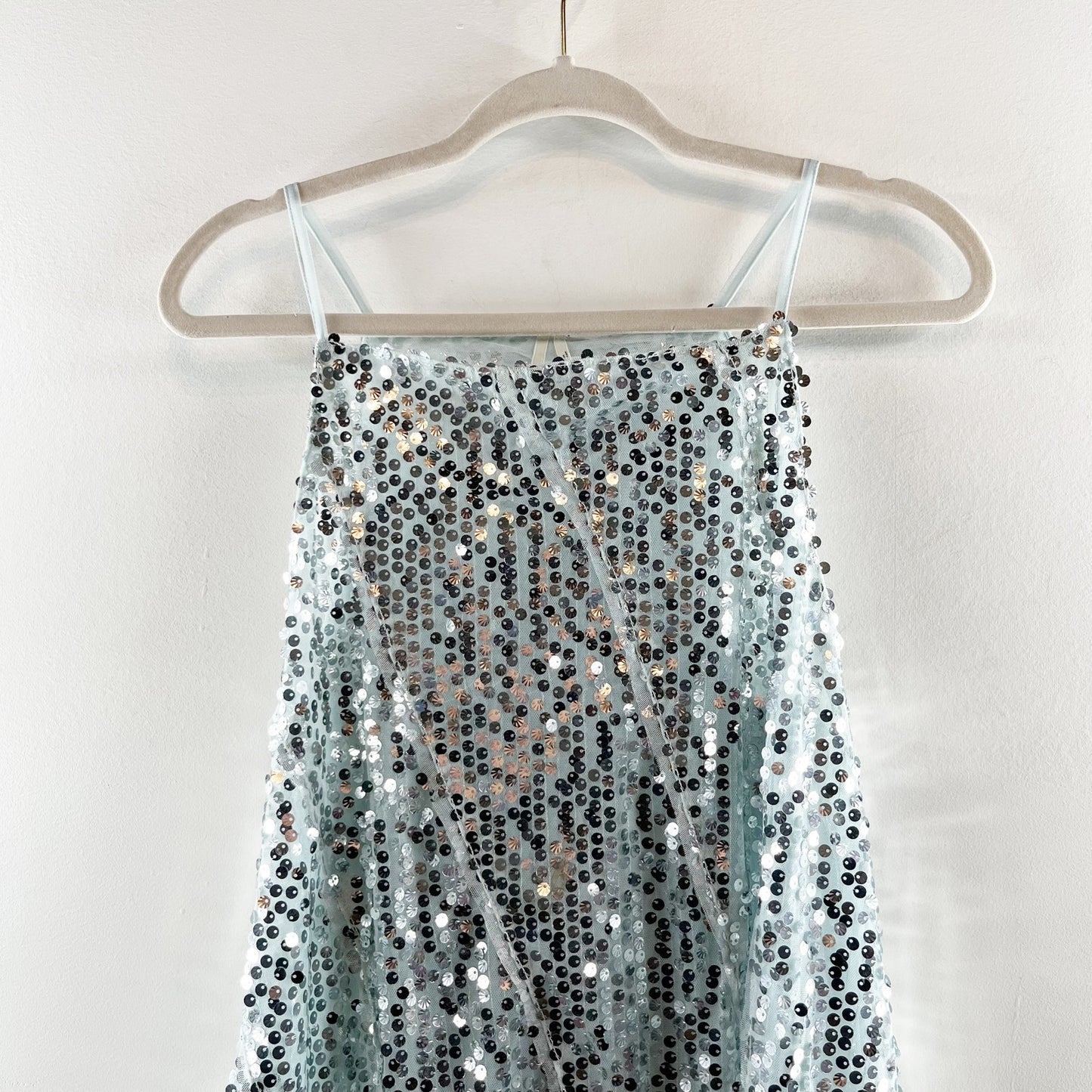 Anthropologie Sequin Square Neck Asymmetrical Hem Tank Top Blue XL