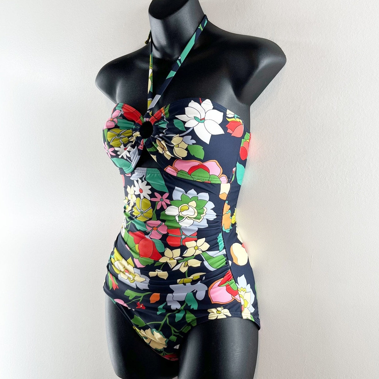Kate Spade Drawstring Tie Front Bandeau One Piece Swimsuit Flower Bed Small