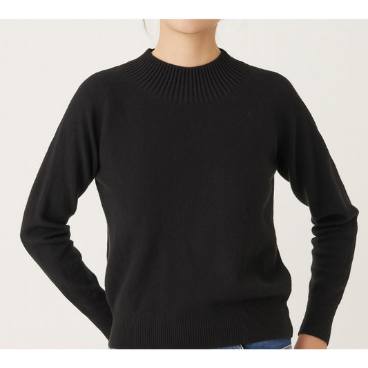 360 Cashmere Ribbed Trim Mock Neck Tie Back Pullover Sweater Black Small
